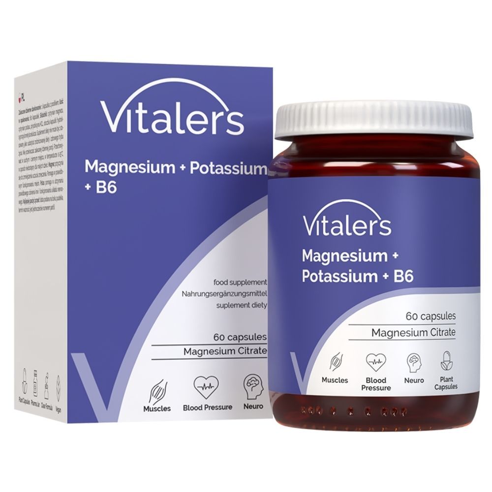 Vitaler's Magnesium + Kalium + B6 Kapseldose und Kartonverpackung. 60 Kapseln.