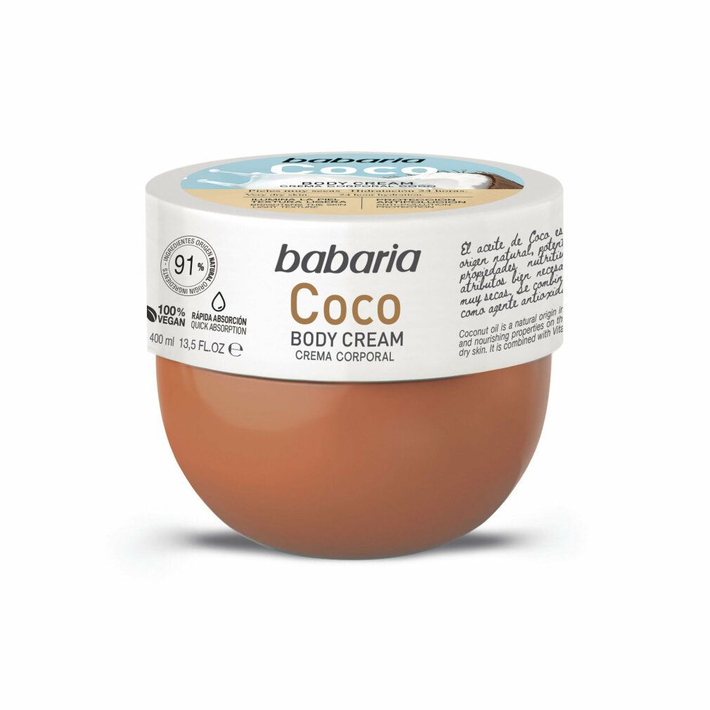 Babaria Coco Body Cream. Braune Dose mit weißem Deckel. Vegan-Siegel. Text: Coco, Body Cream, Crema Corporal.