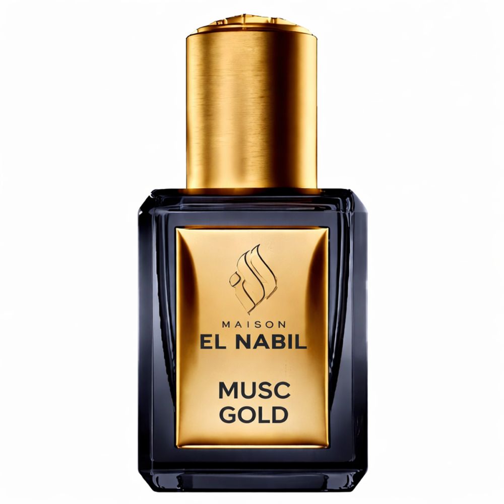 Schwarze Flasche mit goldener Kappe. Goldfarbenes Etikett mit Text: MAISON EL NABIL MUSC GOLD.