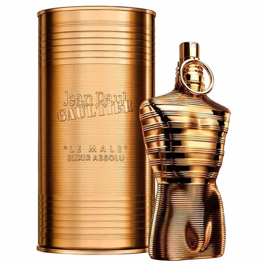 Goldfarbener Flakon in Torsoform und zylindrische Dose. Aufschrift: Jean Paul Gaultier, Le Male Elixir Absolu.