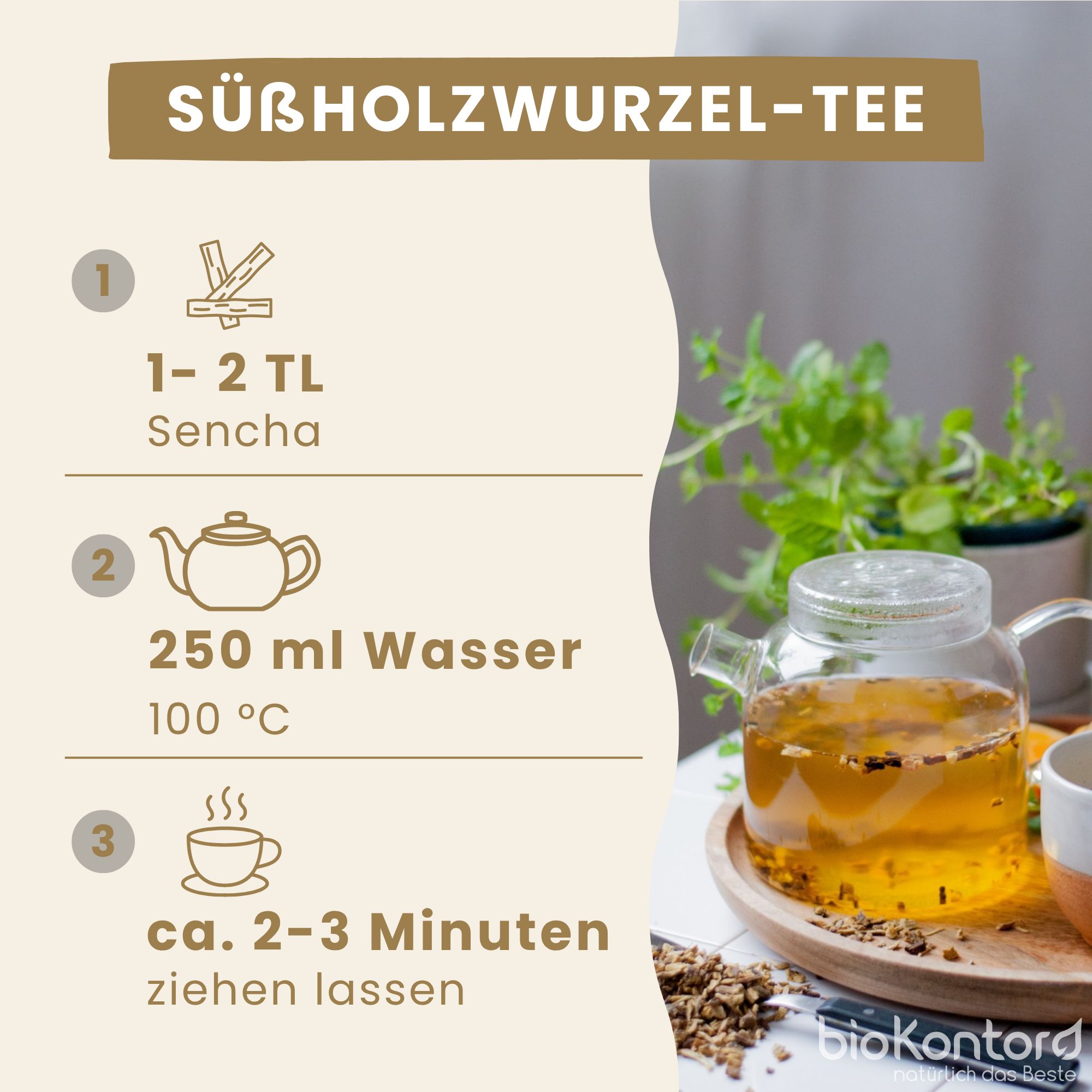 Bio-Süßholzwurzel-Tee: intensiv süß, würzig, mit Lakritzgeschmack. Ideal für Teezubereitung.