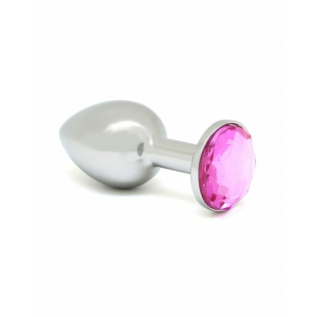 Silberfarbener Buttplug mit rundem, pinkfarbenem Kristall. Der Plug hat eine Tropfenform.