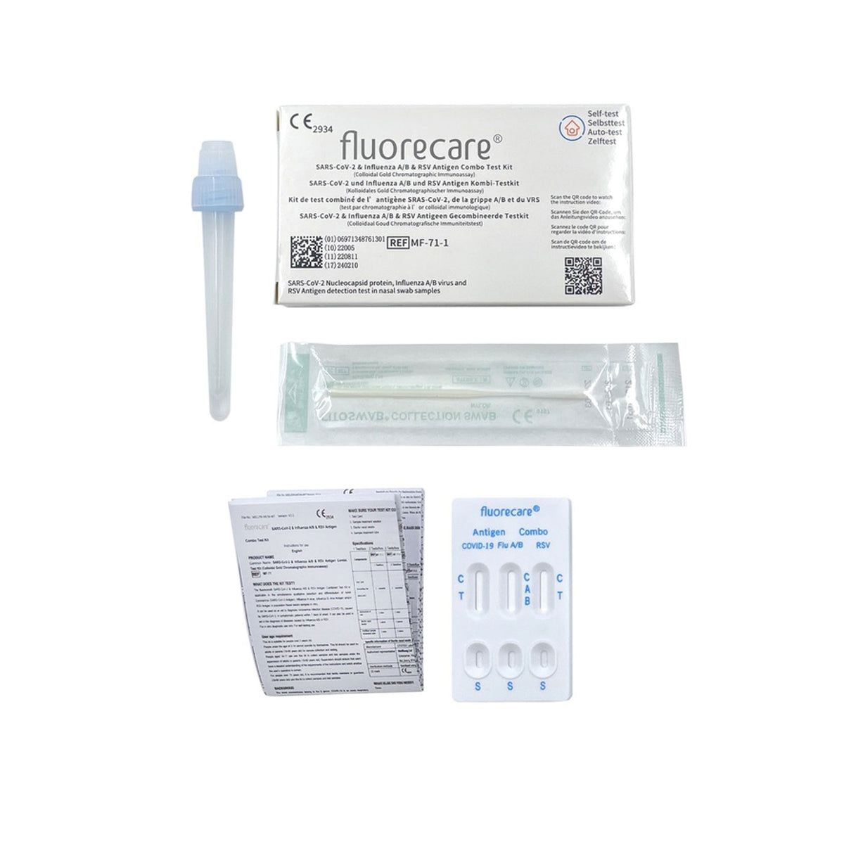 fluorecare® 4in1 SARS-CoV-2, Influenza A/B & RSV Combo-Schnelltest + Gratis Nanovio FFP2