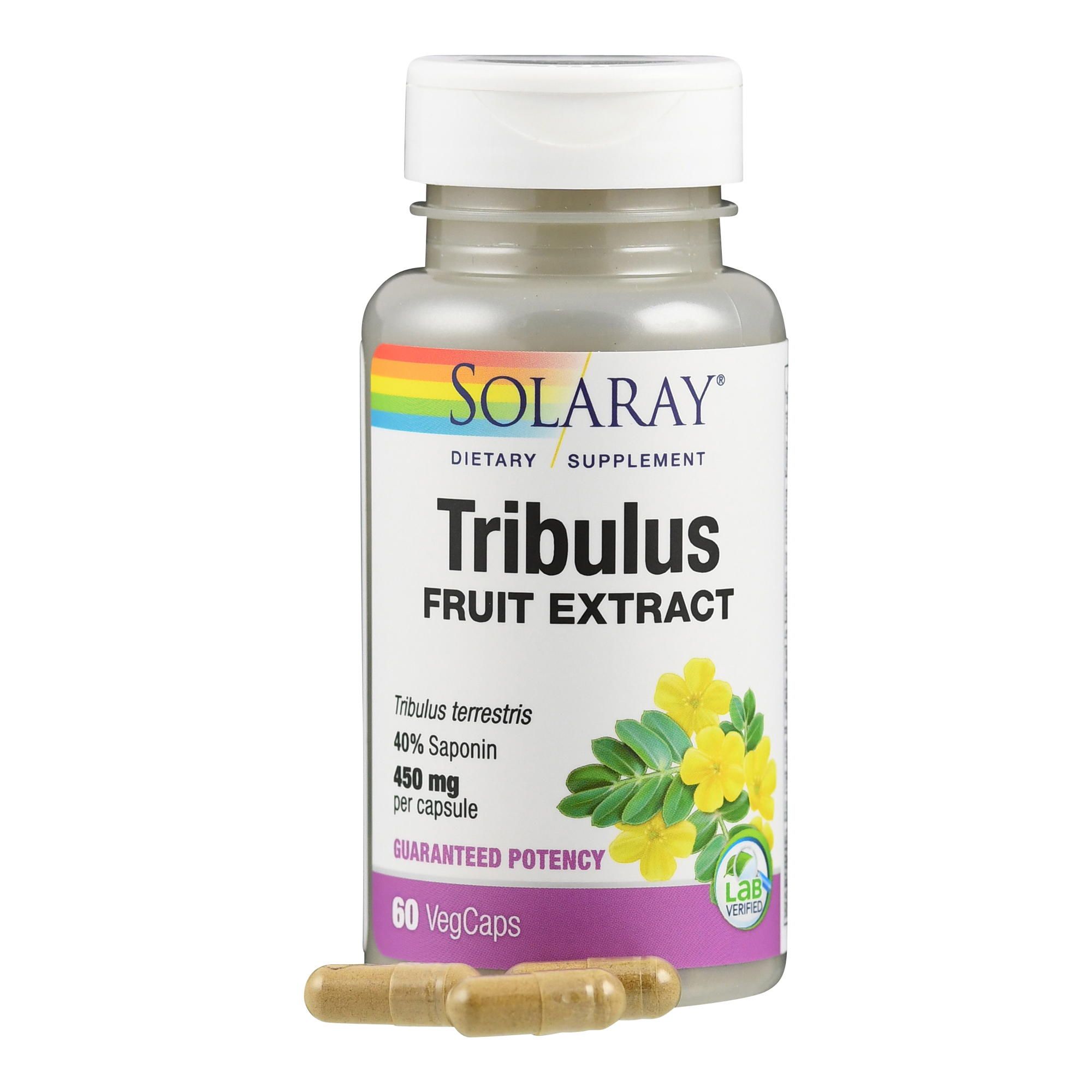 Solaray Tribulus Fruit Extract Flasche. Enthält 60 VegCaps. Mit Regenbogen-Logo. Aufschrift: Guaranteed Potency.