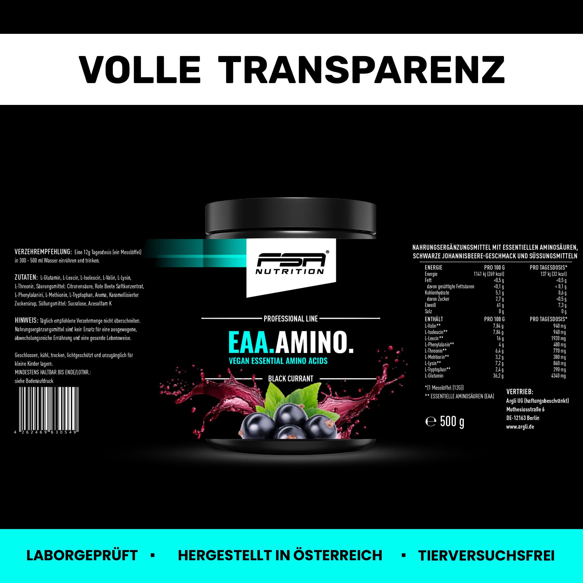 Dose FSA Nutrition EAA Amino. Text: EAA.AMINO, vegan, schwarze Johannisbeere. Text: Volle Transparenz. Text: Laborgeprüft, hergestellt in Österreich.