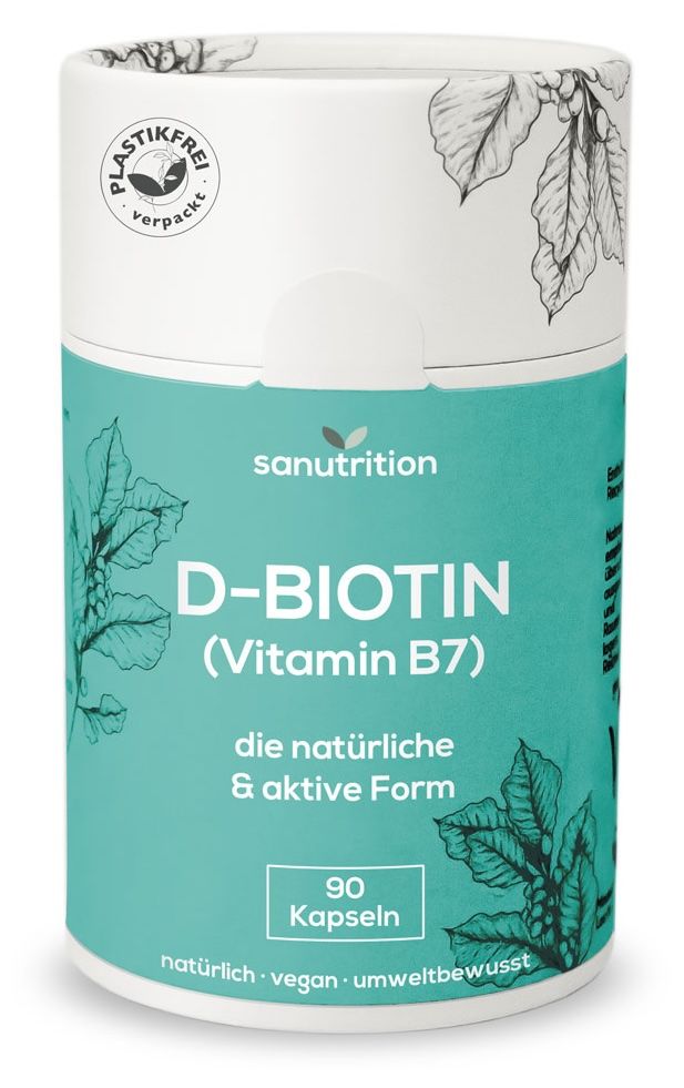Sanutrition D-Biotin (Vitamin B7) Dose, 90 Kapseln. Plastikfrei verpackt, vegan, umweltbewusst.