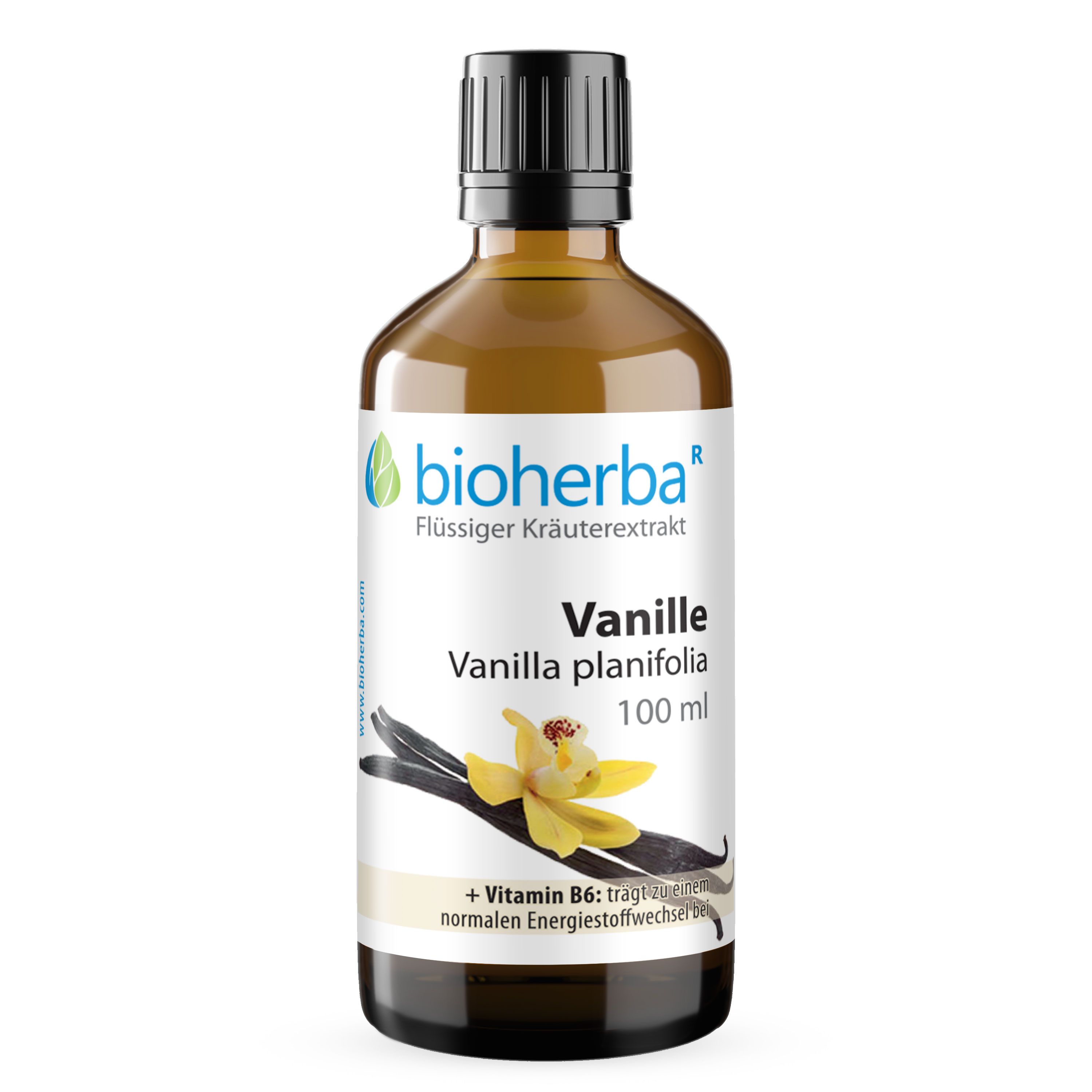 Braune Glasflasche mit schwarzem Deckel. Etikett mit Bioherba-Logo, Vanille planifolia, 100 ml. Enthält Vanille und Vitamin B6.