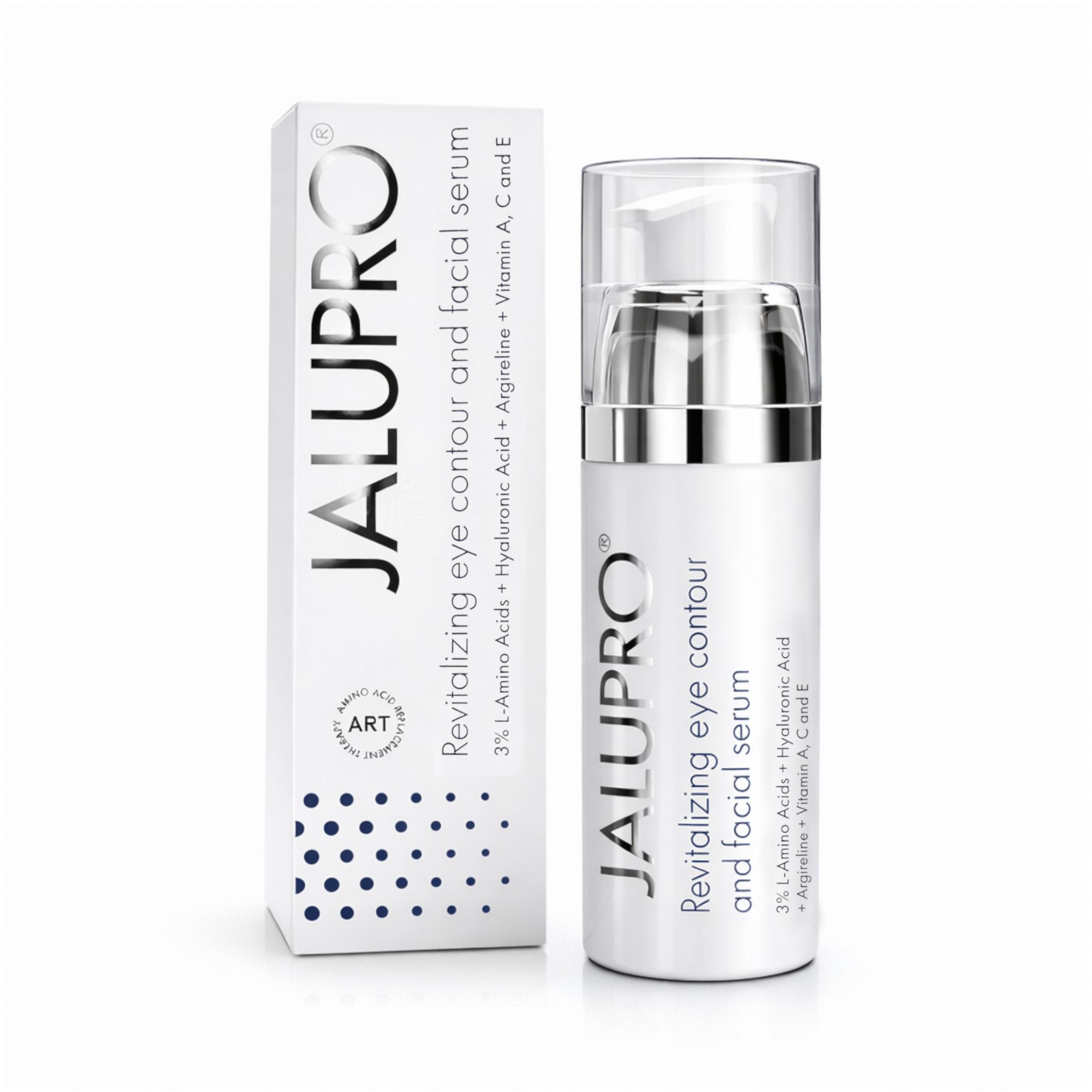 Weißes Serum mit Pumpe und Karton. Aufschrift: Jalupro, Revitalizing eye contour and facial serum. Enthält Aminosäuren, Hyaluronsäure, Vitamine.