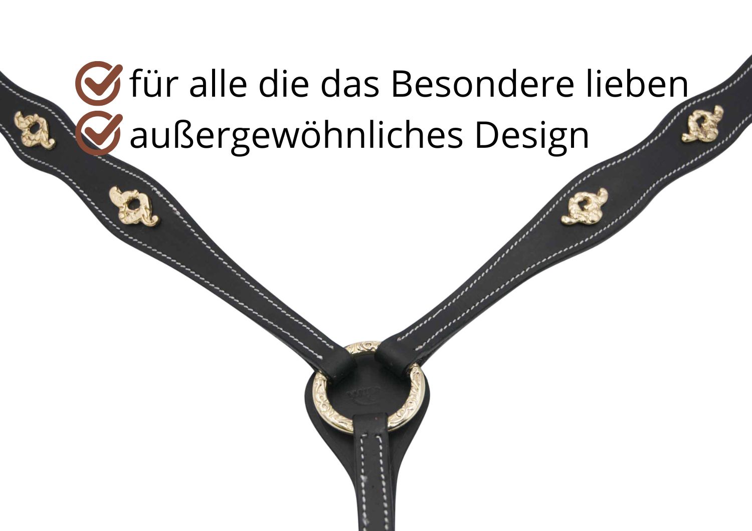 Schwarzes Vorderzeug mit goldenen Verzierungen und weißen Nähten. Ring und Zierbeschläge. Text: außergewöhnliches Design.