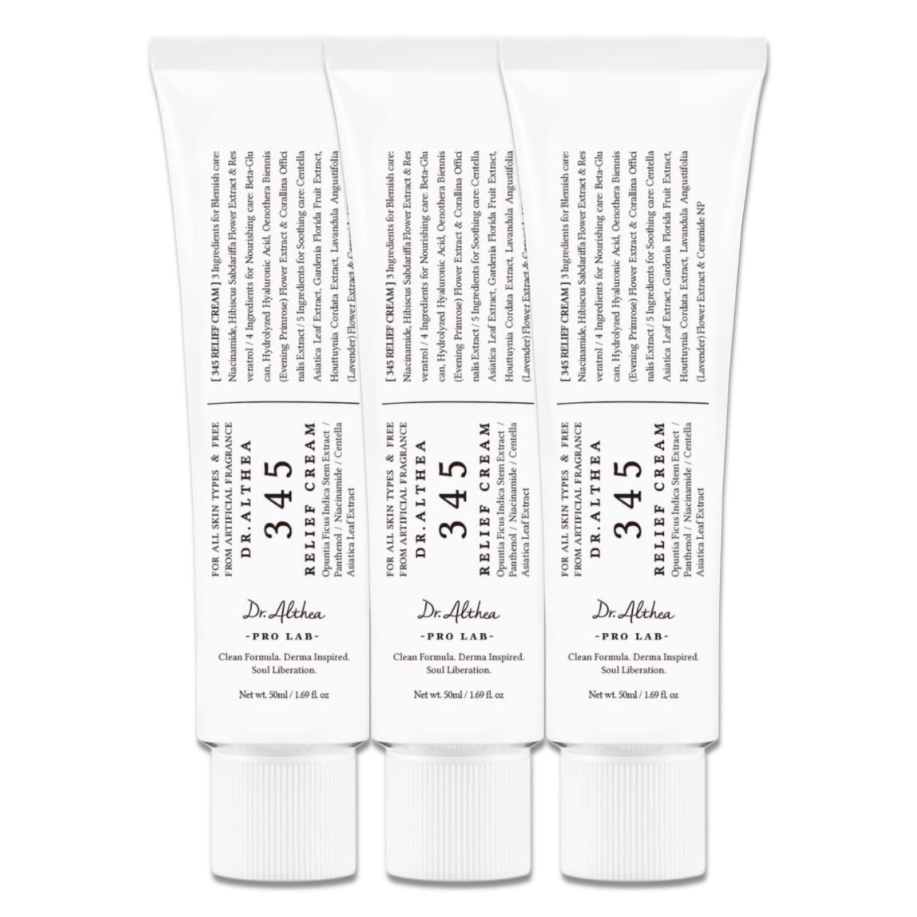 Drei Tuben Dr. Althea 345 Relief Cream. Weiße Tuben mit schwarzer Schrift. Produktname und Inhaltsstoffe sind sichtbar.
