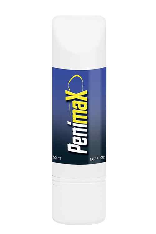 Weiße Tube mit blauen und gelben Akzenten. Aufschrift Penimax, 50 ml. Weiße Kappe. 1.67 Fl.Oz.
