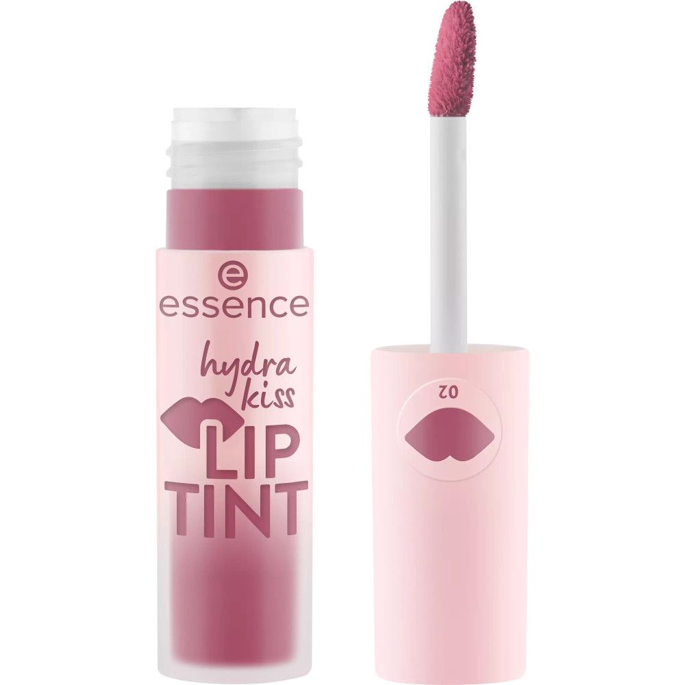 Essence Hydra Kiss Lip Tint, geöffnet. Applikator sichtbar. Produktname und Marke auf dem Behälter.