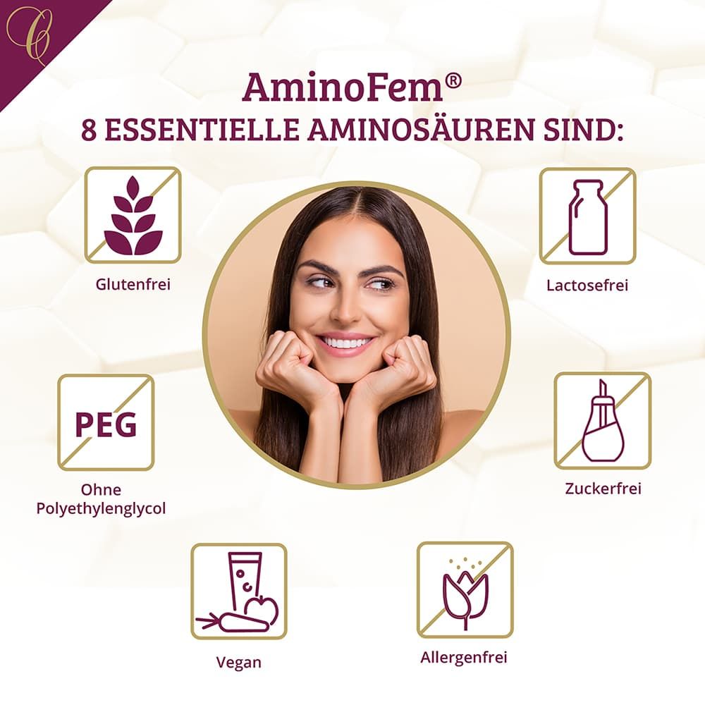 Frau lächelt. Symbole: glutenfrei, laktosefrei, ohne Polyethylenglycol, zuckerfrei, vegan, allergenfrei.