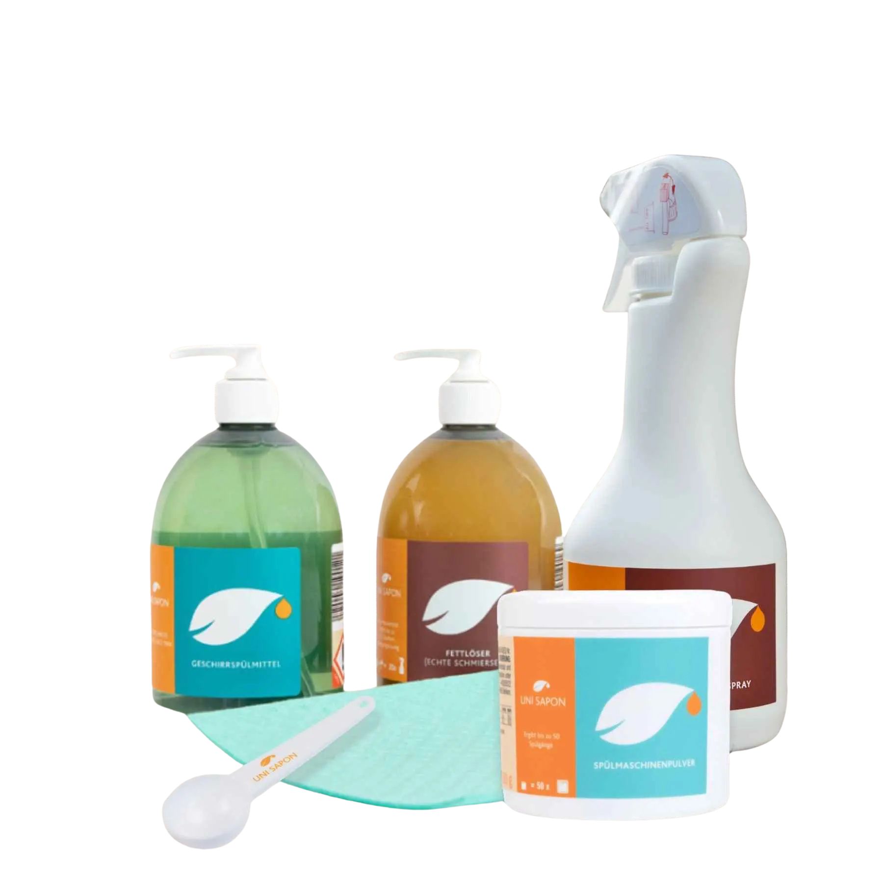 Set mit Spülmitteln, Reiniger, Pulver, Schwamm und Messlöffel. Flaschen mit Pump- und Sprühaufsatz. Grün, braun und weiß. Aufdrucke.