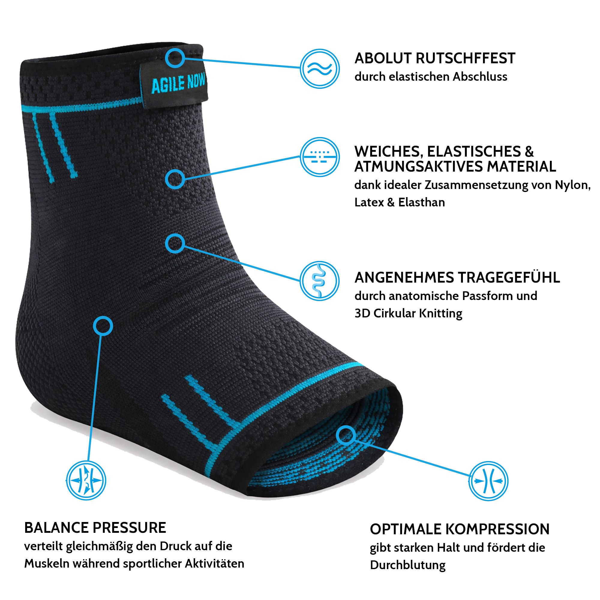 Schwarze Sprunggelenkbandage mit Texten. Marke: AGILE NOW. Eigenschaften: rutschfest, atmungsaktiv, etc.