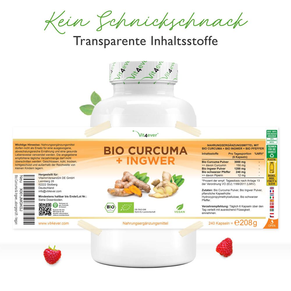 Produktflasche mit Etikett. Aufschrift: BIO CURCUMA + INGWER. Enthält 240 Kapseln. Inhaltsstoffe und Nährwertangaben auf dem Etikett.