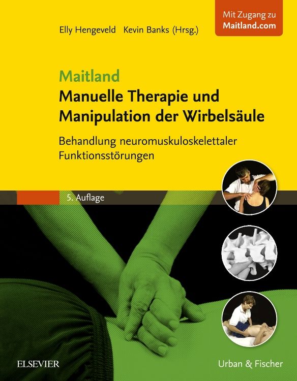 Buchcover: Maitland Manuelle Therapie und Manipulation der Wirbelsäule. Titel, Autoren, Auflage. Illustrationen von Händen und Wirbelsäule.