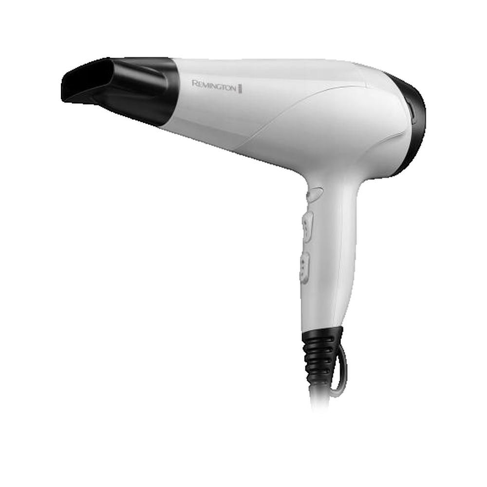 Weißer Haartrockner mit schwarzem Aufsatz und Griff. Das Produkt hat den Markennamen Remington.
