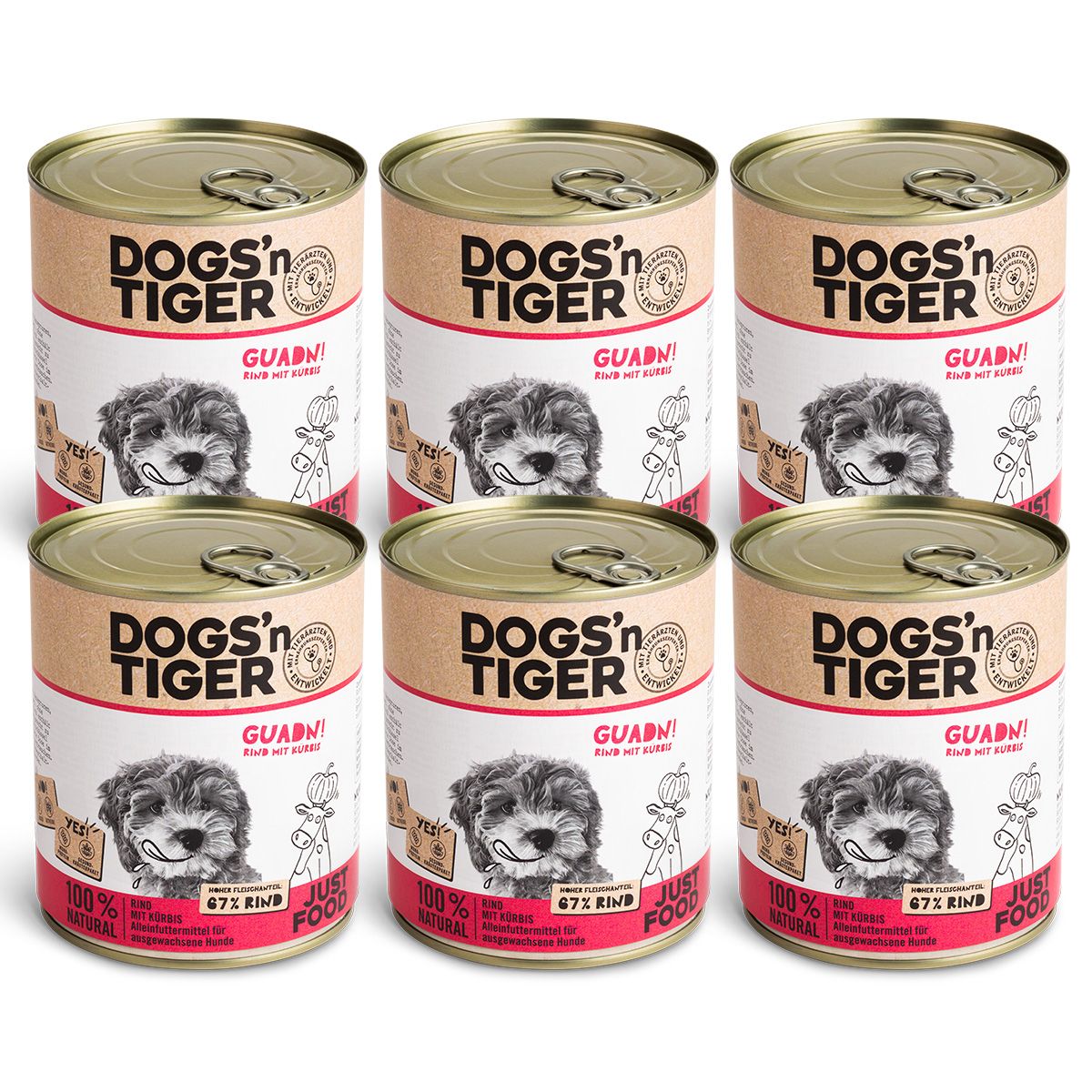 Sechs Dosen Hunde Nassfutter. Auf jeder Dose ist das Logo Dogs'n Tiger, ein Hundebild und der Schriftzug 'Guadn!'.
