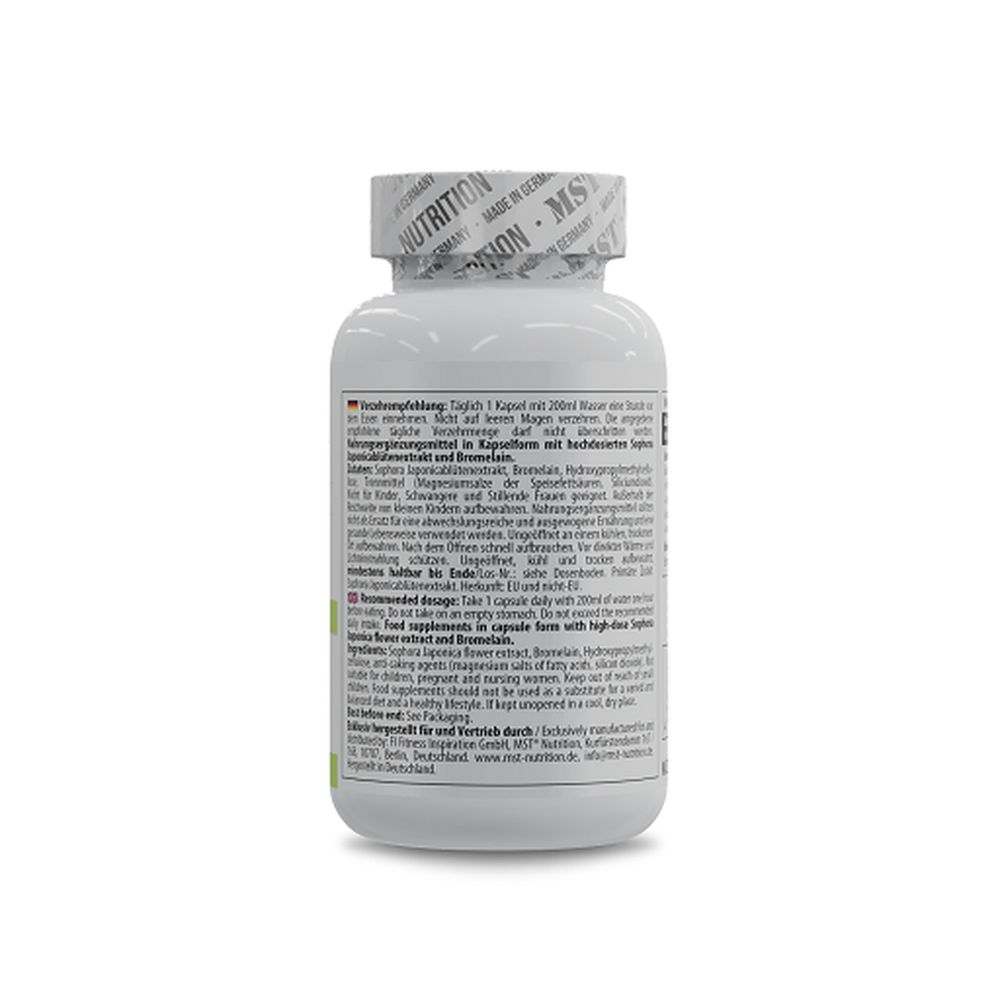 Rückseite einer weißen Flasche mit Kapseln. Text in deutscher und englischer Sprache. Enthält Informationen zu Inhaltsstoffen und Anwendung.