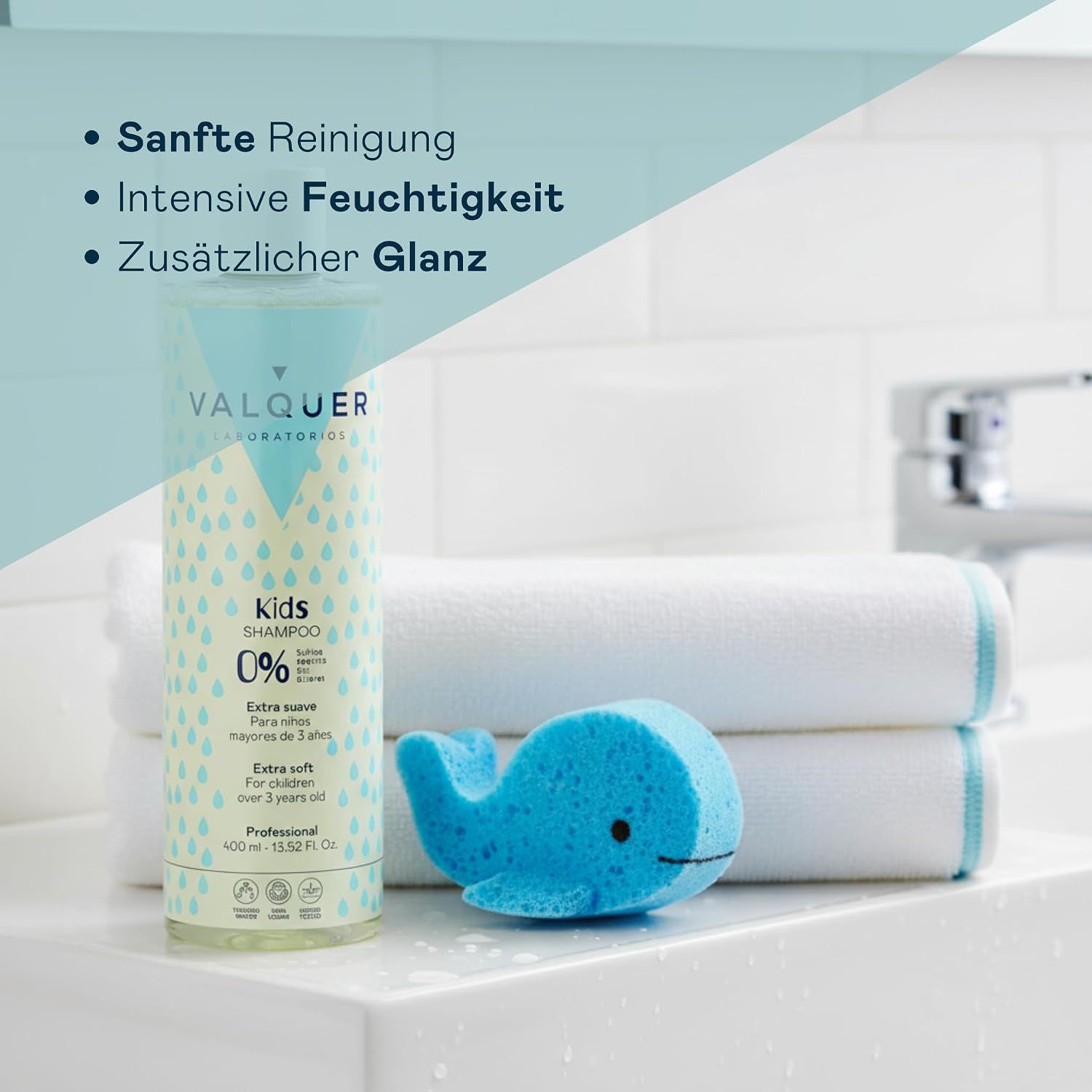 VALQUER Kids Shampoo 400ml Flasche neben einem Plüschtier.