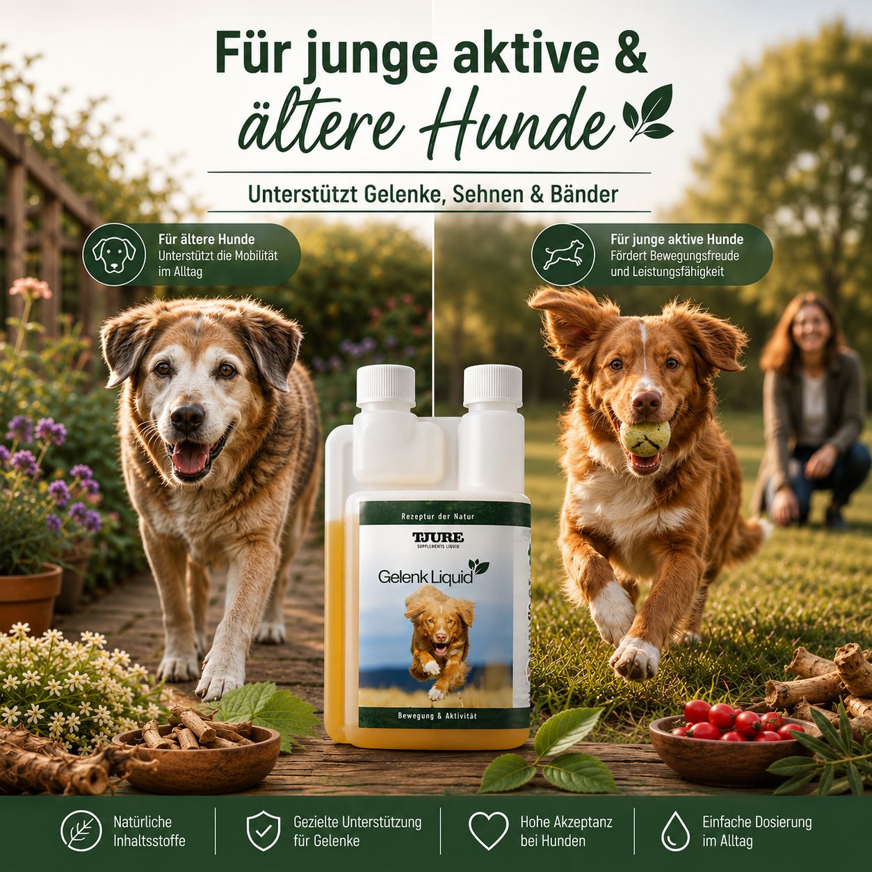 Zwei Hunde und eine Flasche Tjure Gelenk Liquid im Freien, mit Fokus auf junge und ältere Hunde.