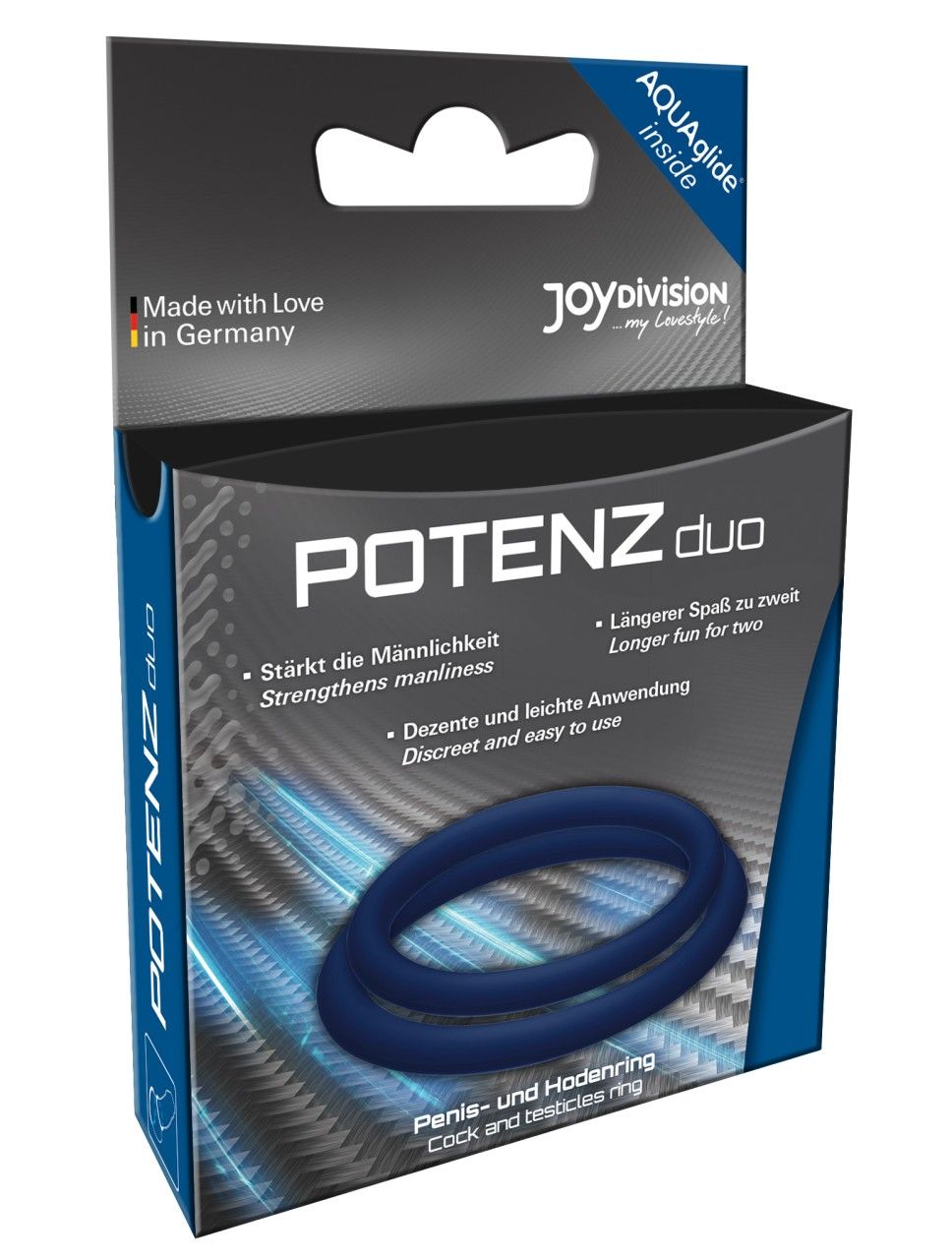 Verpackung von POTENZduo Penisring. Blau, groß L. Text: JOYDIVISION, POTENZduo, AquaGlide. Hergestellt in Deutschland.