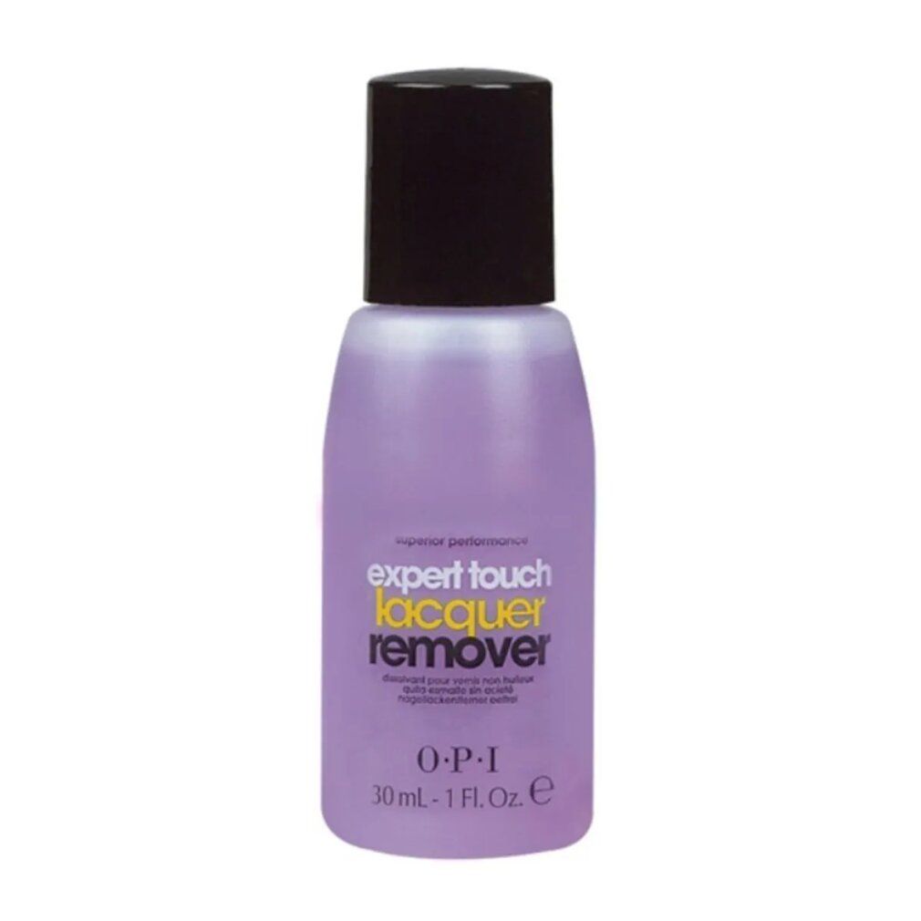 OPI Expert Touch Nagellackentferner. Kleine Flasche mit schwarzem Deckel. Lila Flüssigkeit. Produktbeschriftung.