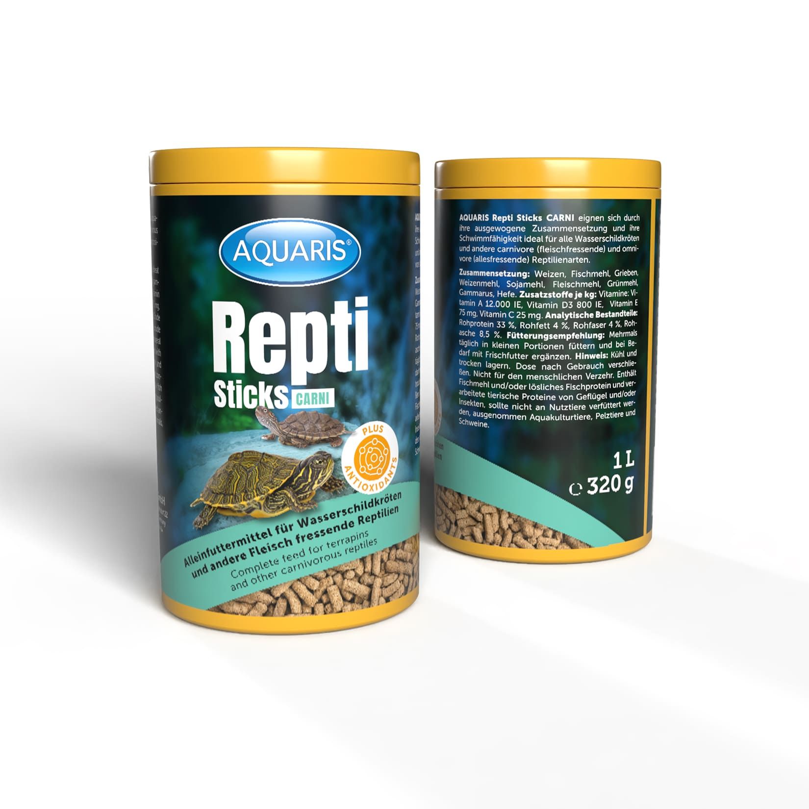 Zwei Dosen AQUARIS Repti Sticks. Eine Dose zeigt die Vorderseite, die andere die Rückseite. Gelber Deckel. Text: Repti Sticks CARNI.