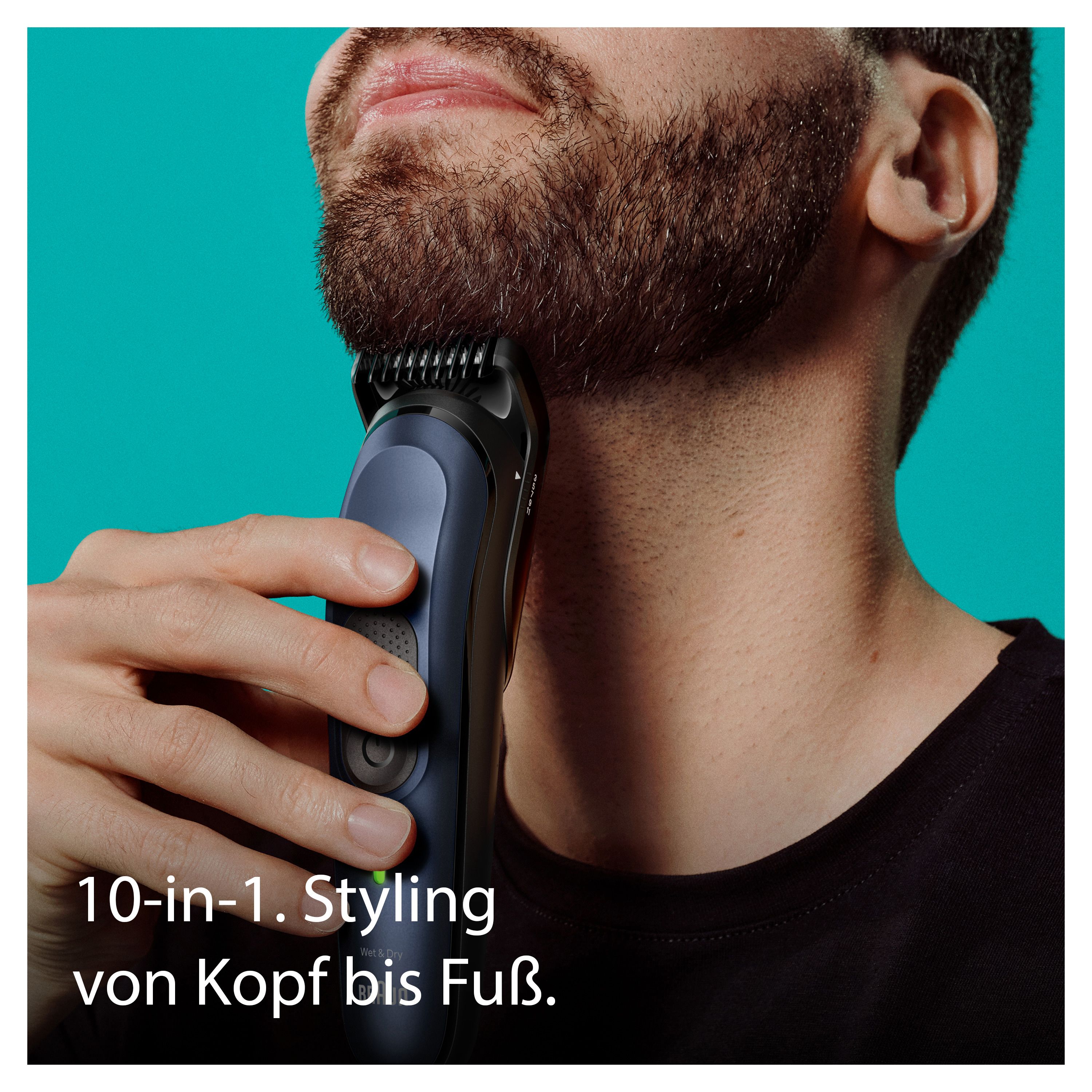 Braun MGK7421. Barttrimmer in Aktion. Schwarzes Gehäuse mit blauen Akzenten. Der Mann trimmt seinen Bart. 10-in-1-Styling von Kopf bis Fuß.