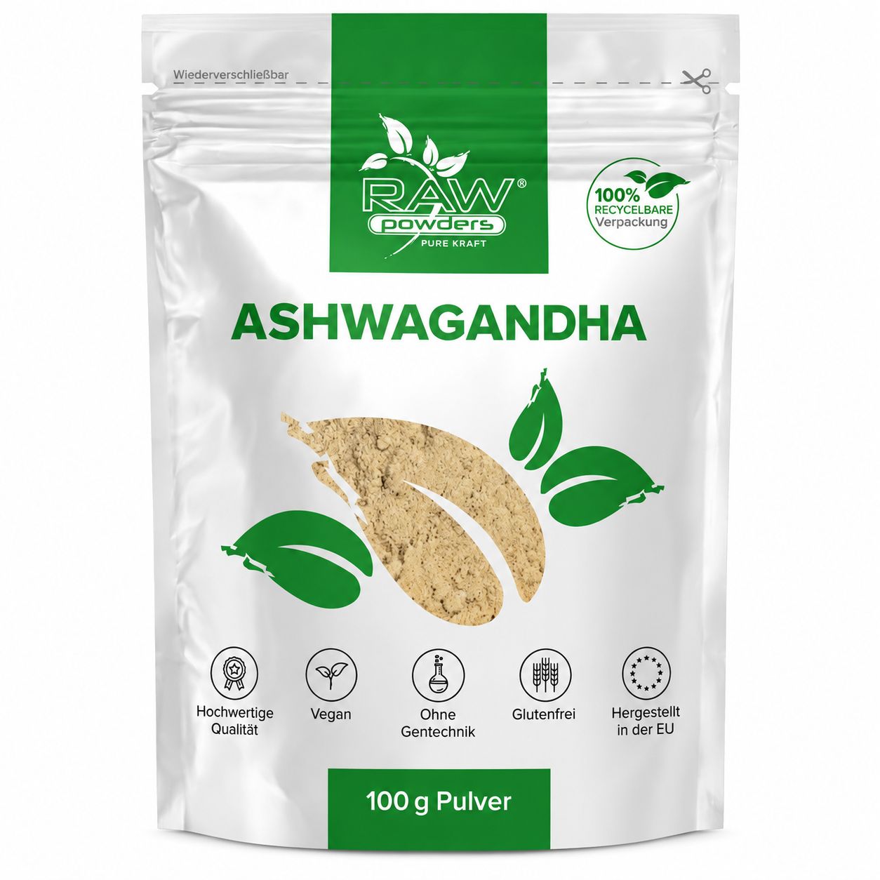 Raw Powders Ashwagandha Pulver: 100g. Vegan, Glutenfrei, Gentechnikfrei. 100% recycelbare Verpackung.