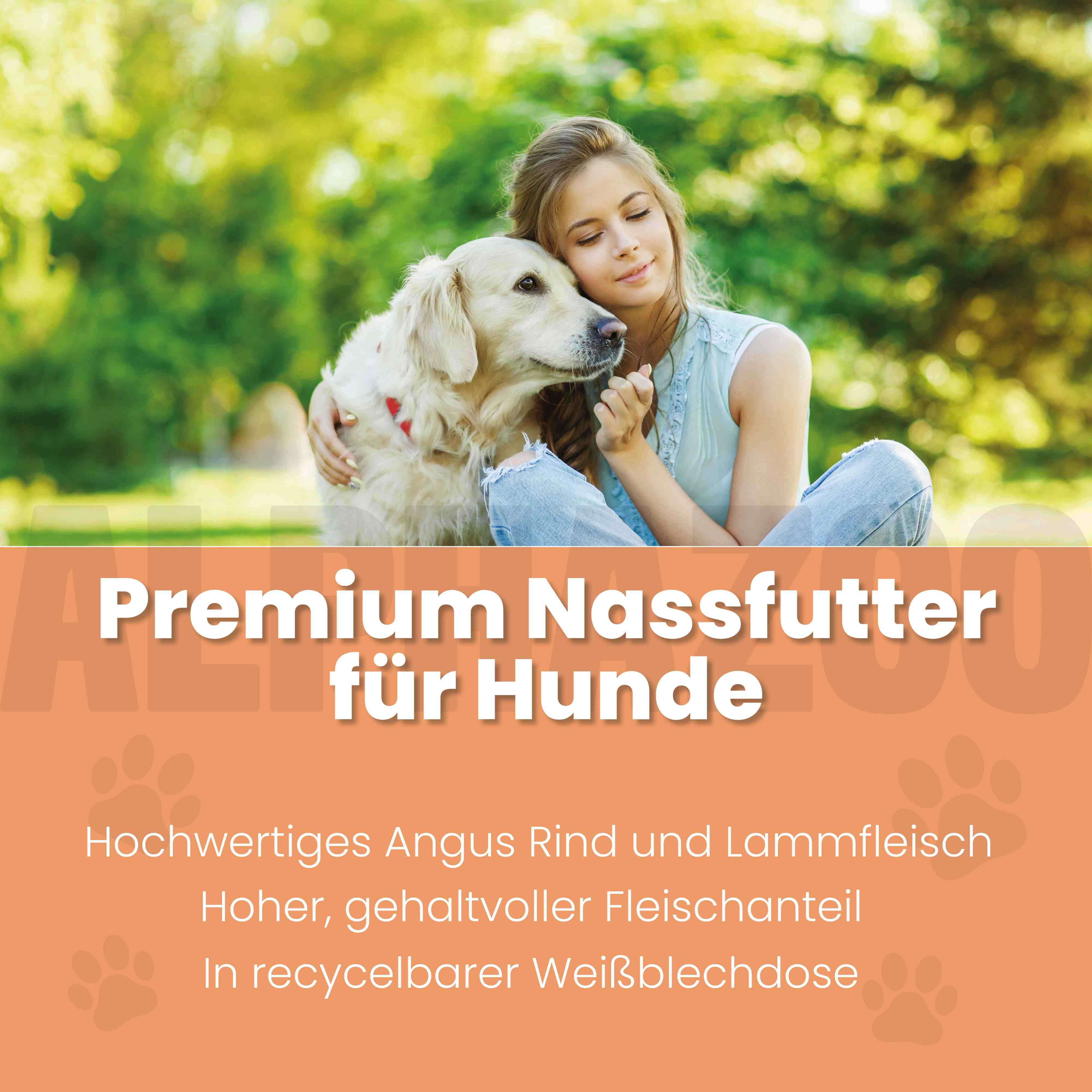 Frau umarmt einen Golden Retriever. Text: Premium Nassfutter für Hunde. Hochwertiges Angus Rind und Lammfleisch. In recycelbarer Weißblechdose.