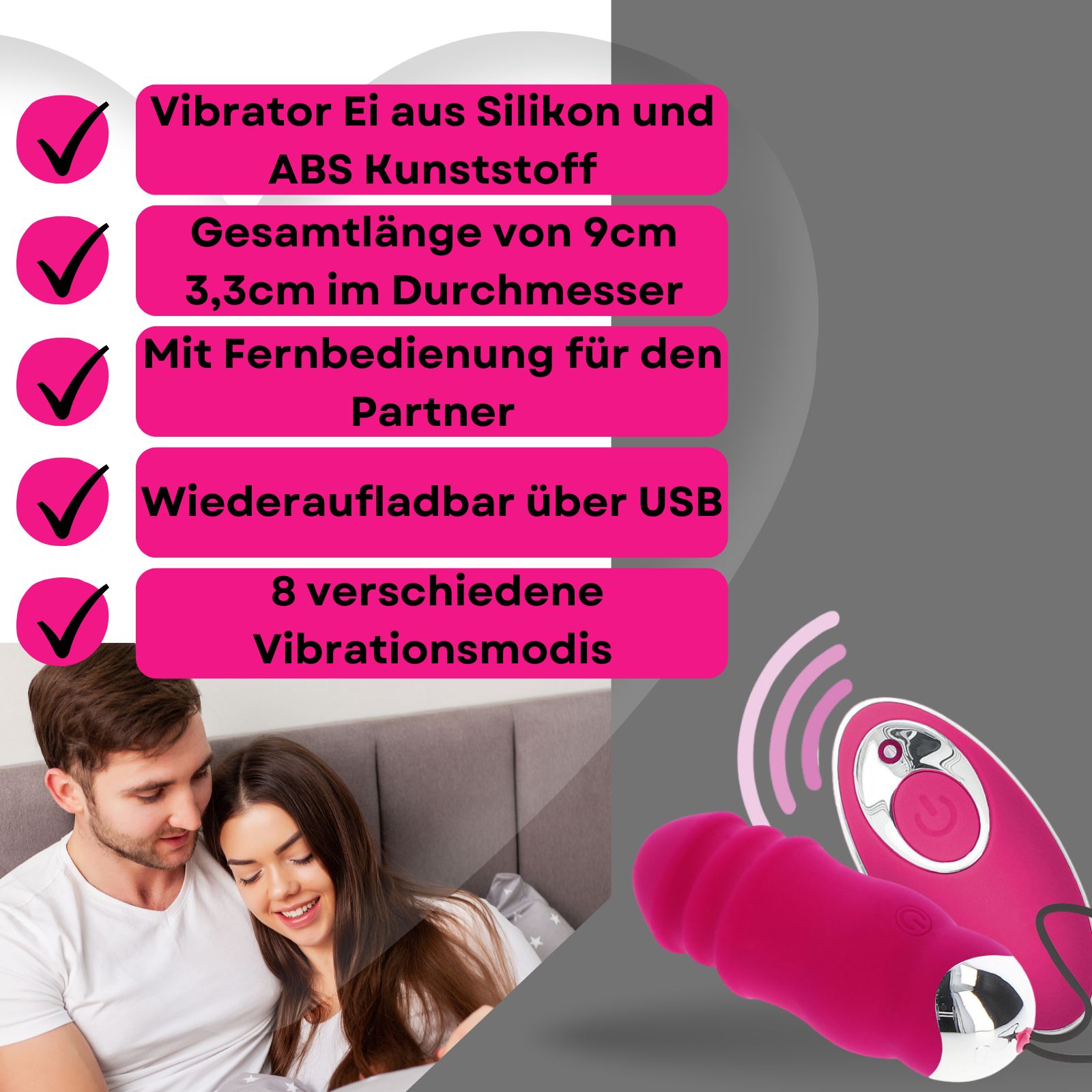 Pinkes Vibrator-Ei. 9 cm lang, 3,3 cm Durchmesser. Silikon und ABS-Kunststoff. Wiederaufladbar. 8 Modi.