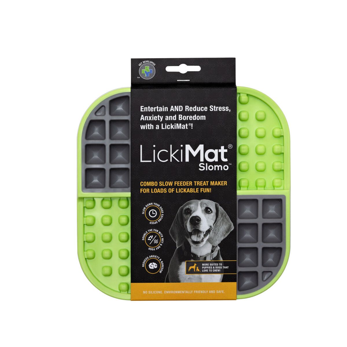 Grüne LickiMat Slomo für Hunde, mit quadratischen und runden Strukturen. Verpackung mit Produktname und Hundefoto.