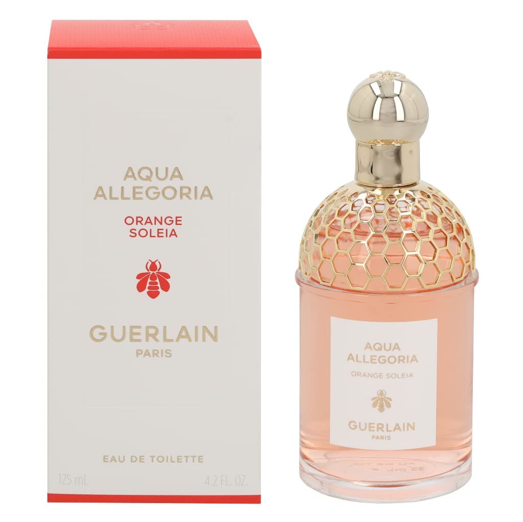 Parfümflasche und Verpackung. Flasche mit goldfarbenem Deckel. Aufschrift Aqua Allegoria, Orange Soleia, Guerlain.