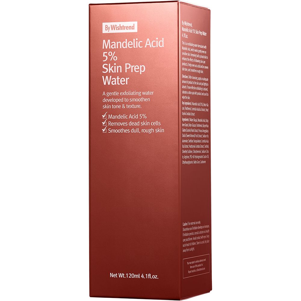 Rote Verpackung mit Produktinformationen. Beschriftung: Mandelsäure 5% Skin Prep Water. Text: Entfernt abgestorbene Hautzellen, glättet raue Haut.