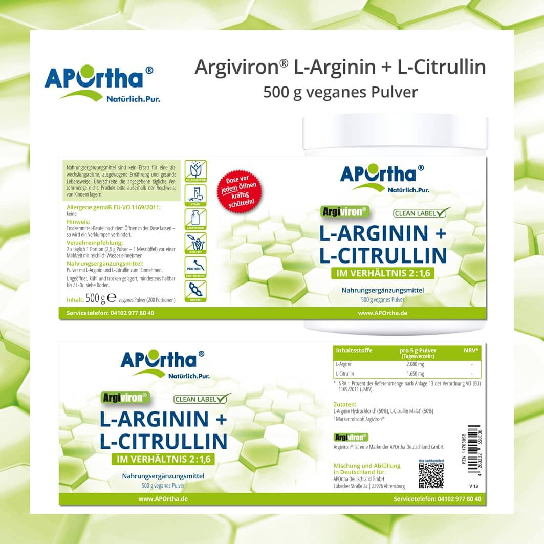 Produktverpackung von APOrtha® Argiviron® L-Arginin + L-Citrullin Pulver. Dose, Etikett mit Produktinformationen, 500g Pulver.