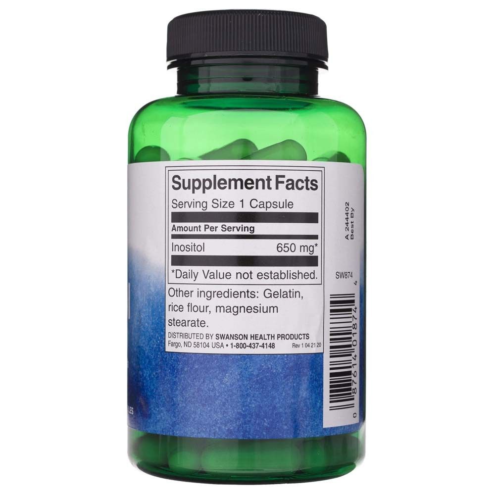 Grüne Kapsel-Flasche mit "Supplement Facts"-Etikett, das 650 mg Inositol pro Kapsel angibt.