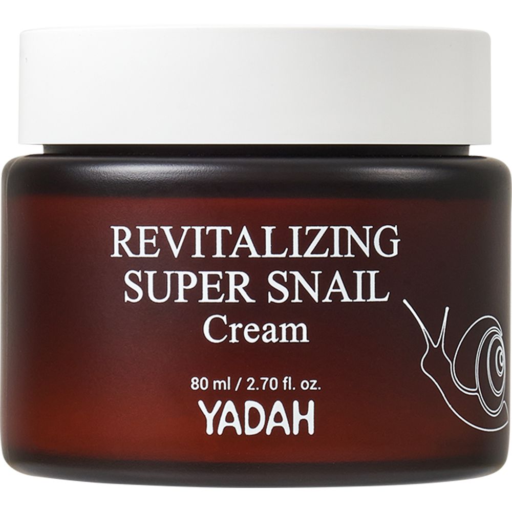 Braune Creme-Dose mit weißem Deckel. Aufschrift: Revitalizing Super Snail Cream, 80 ml / 2.70 fl. oz., YADAH. Schnecken-Illustration.