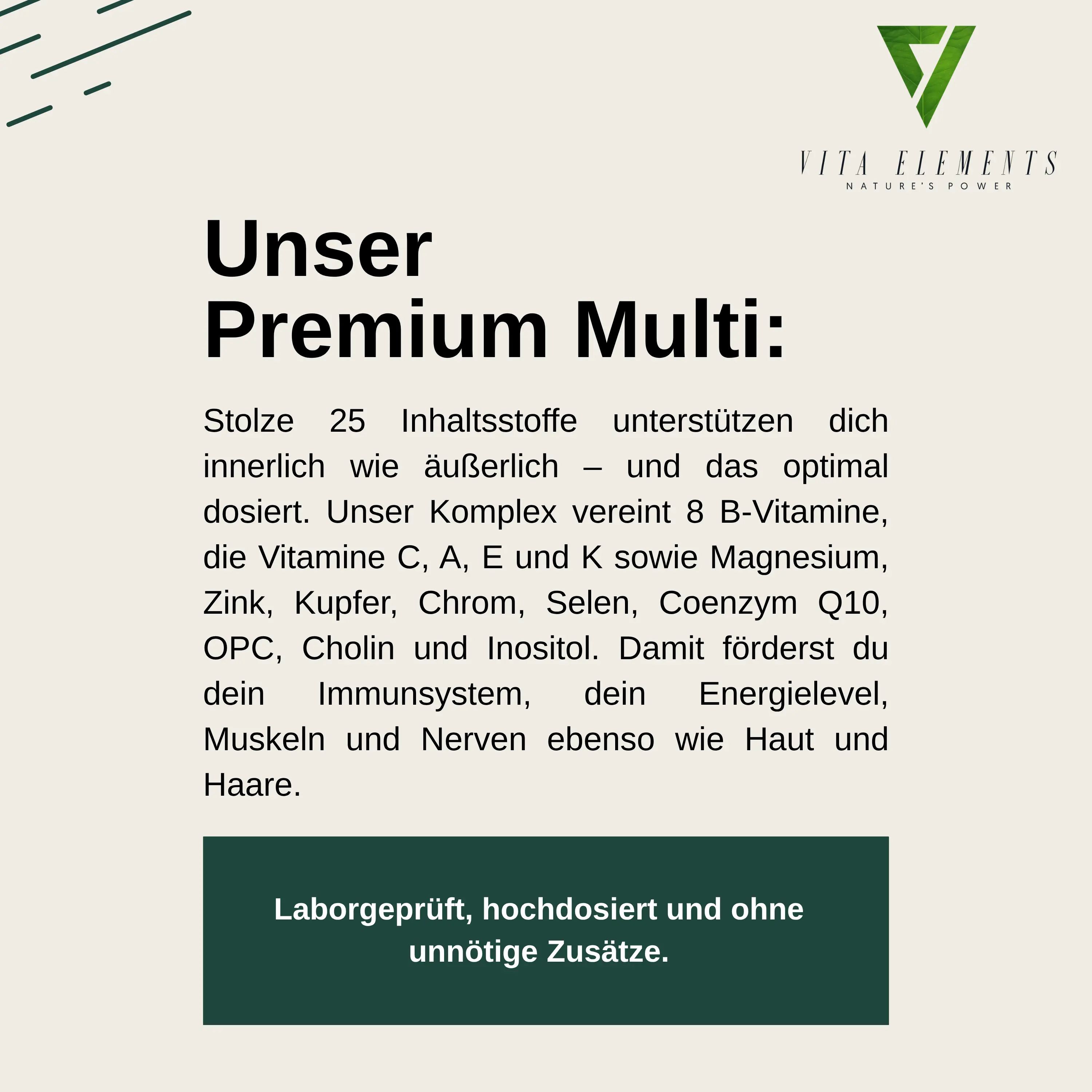 Flasche Vita Elements Premium Multivitamin Kapseln, 180 Kapseln, mit Siegel "Laborgeprüft".