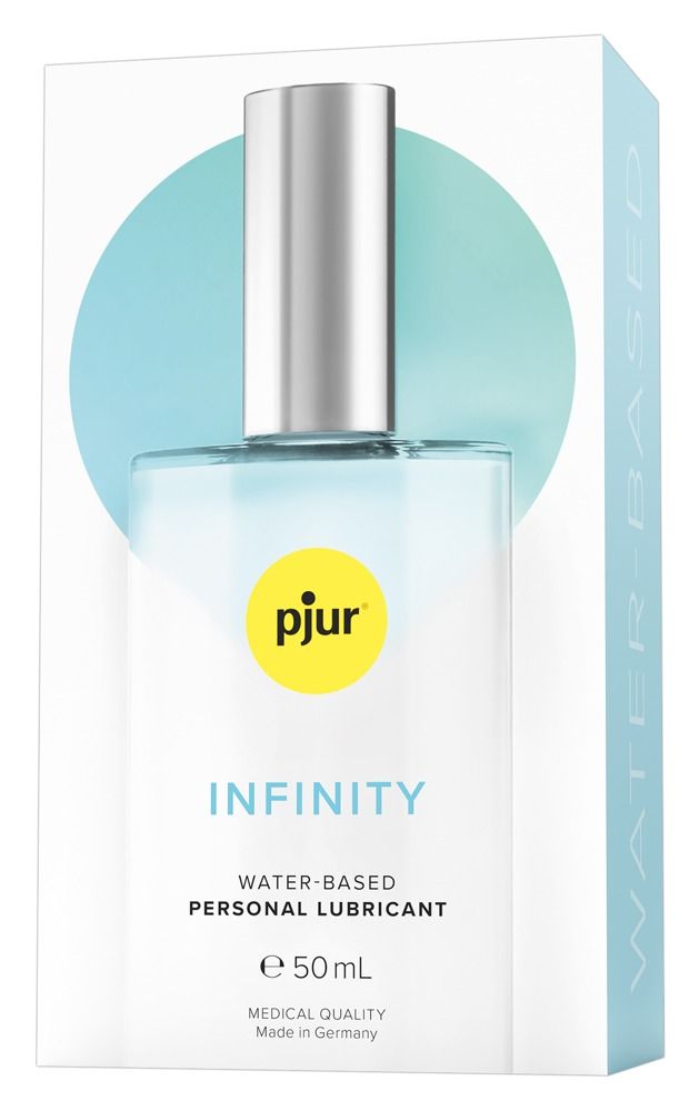 Klarflüssiges Produkt in einer Glasflasche mit silbernem Verschluss. Aufschrift: pjur, INFINITY, Wasserbasiert, 50 ml.