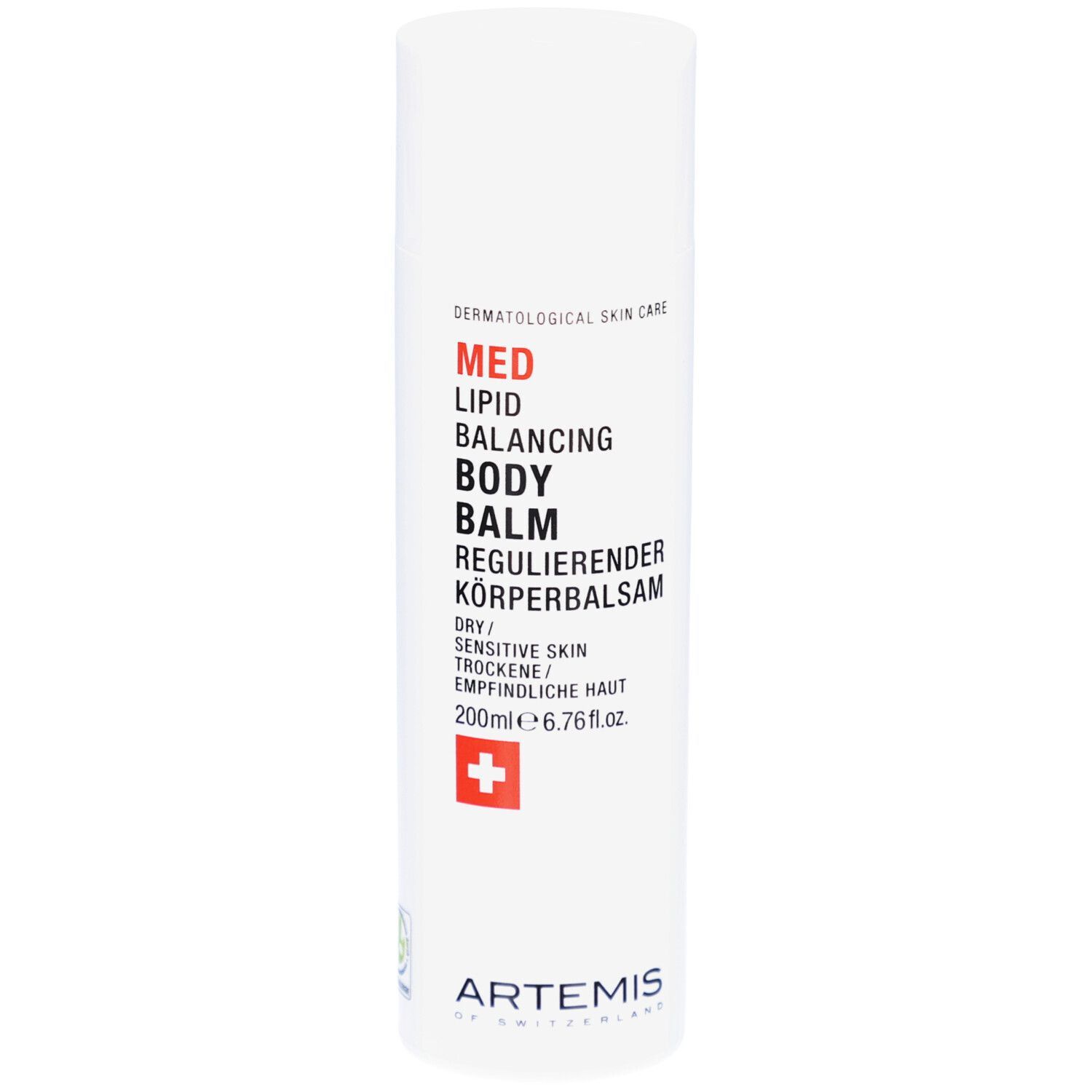Weiße Flasche mit roter und schwarzer Schrift. Text: MED Lipid Balancing Body Balm. Schweizer Kreuz. 200ml.