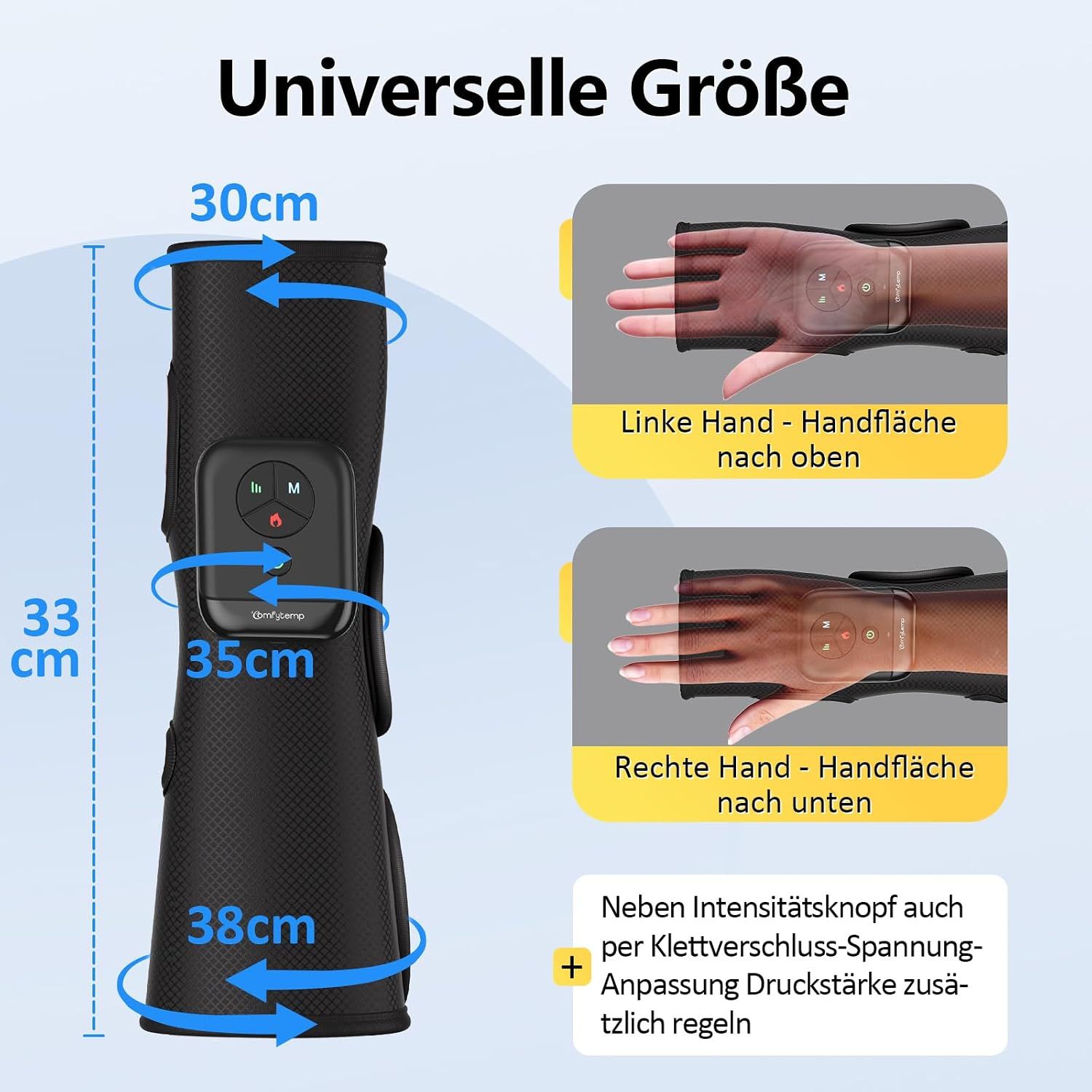 Armmanschette für Handmassagegerät mit Größenangaben (30, 35, 38 cm).