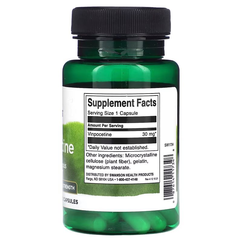 Rückansicht der grünen Flasche SWANSON Vinpocetin 30 mg. Etikett mit Nährwertangaben und Inhaltsstoffen.