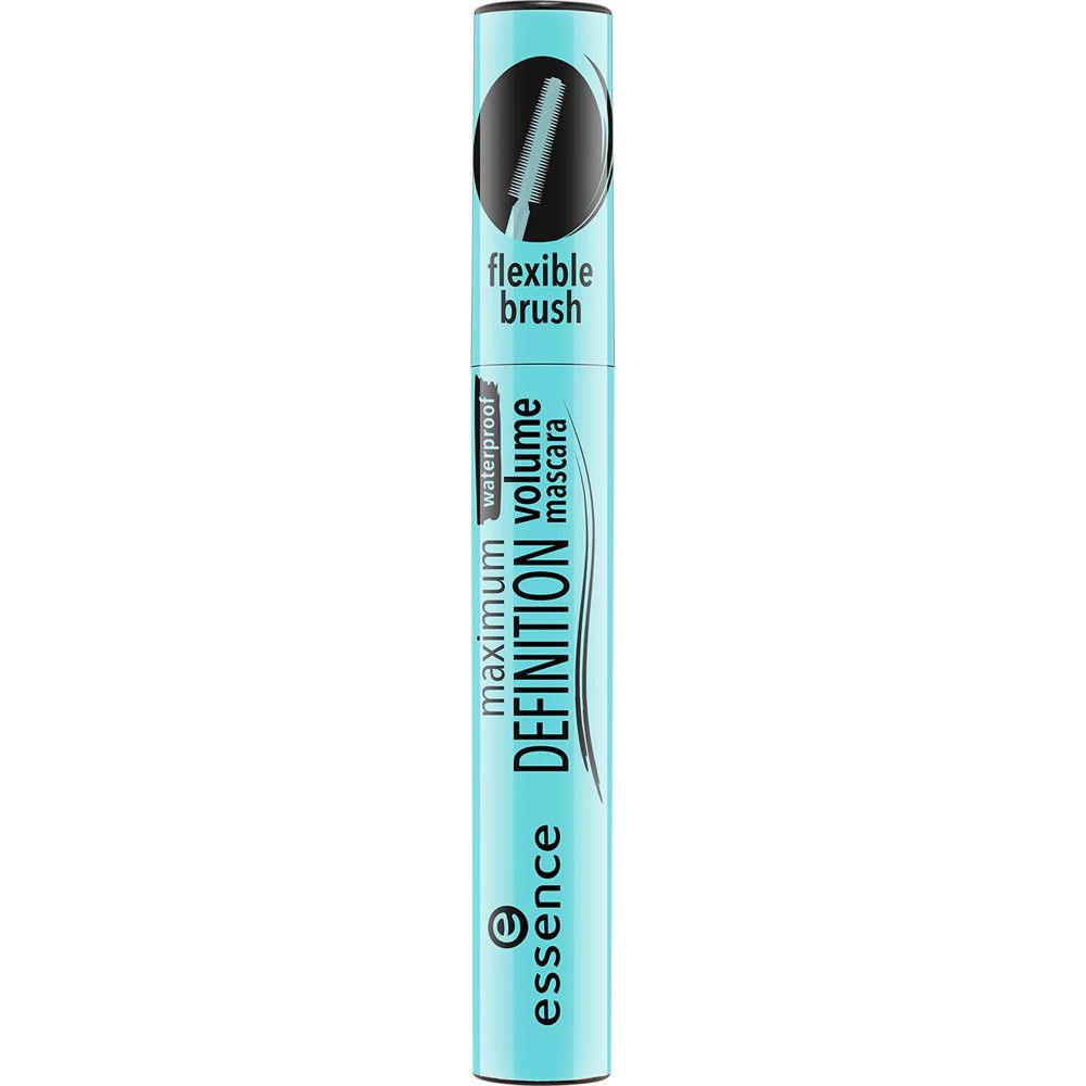 Türkisfarbene Mascarahülse mit schwarzem Schriftzug. Aufschrift: maximum DEFINITION volume mascara, waterproof, flexible brush. Marke: essence.