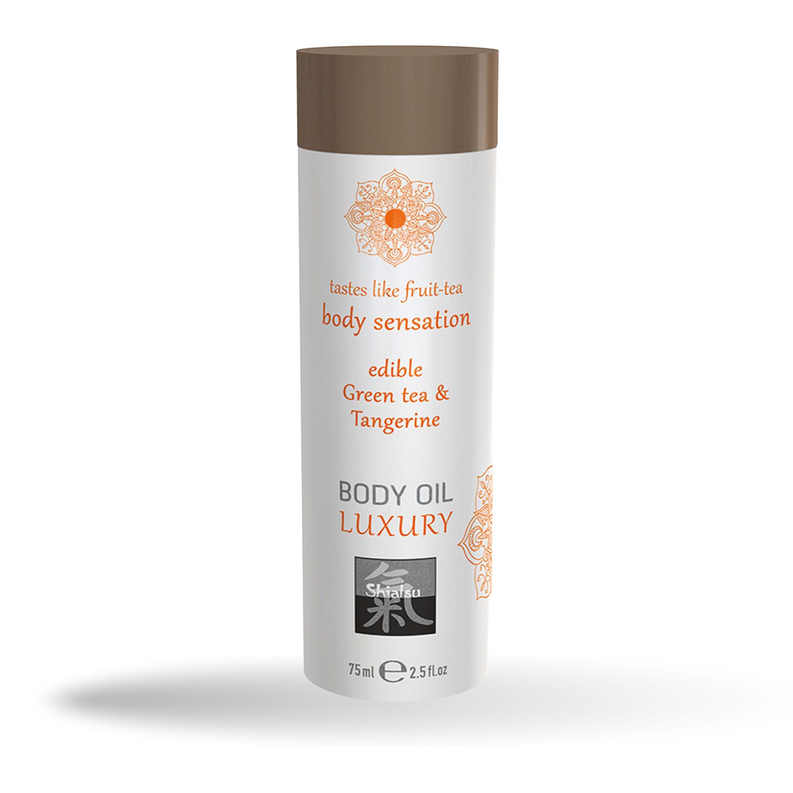 Zylindrische Flasche mit braunem Deckel. Text: Body Oil Luxury, Green Tea & Tangerine. Logo und Schriftzug Shiatsu.