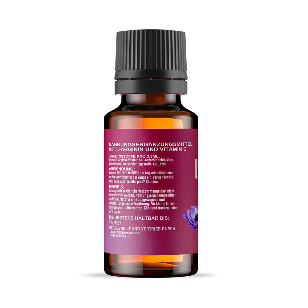 Braune Glasflasche mit schwarzem Deckel. Etikett mit Text: Nahrungsergänzungsmittel, L-Arginin, Vitamin C. Lila Blume.