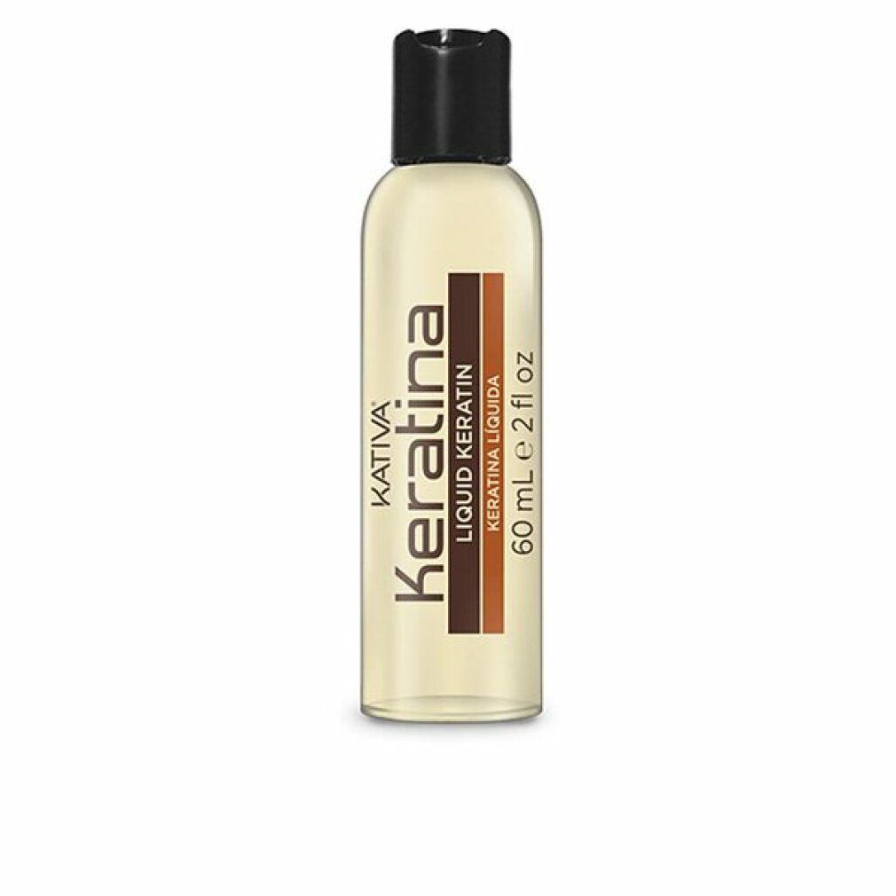 Flasche mit Flüssigkeit. Aufschrift: Kativa Keratina Liquid Keratin. 60 ml e 2 fl oz. Schwarzer Deckel.