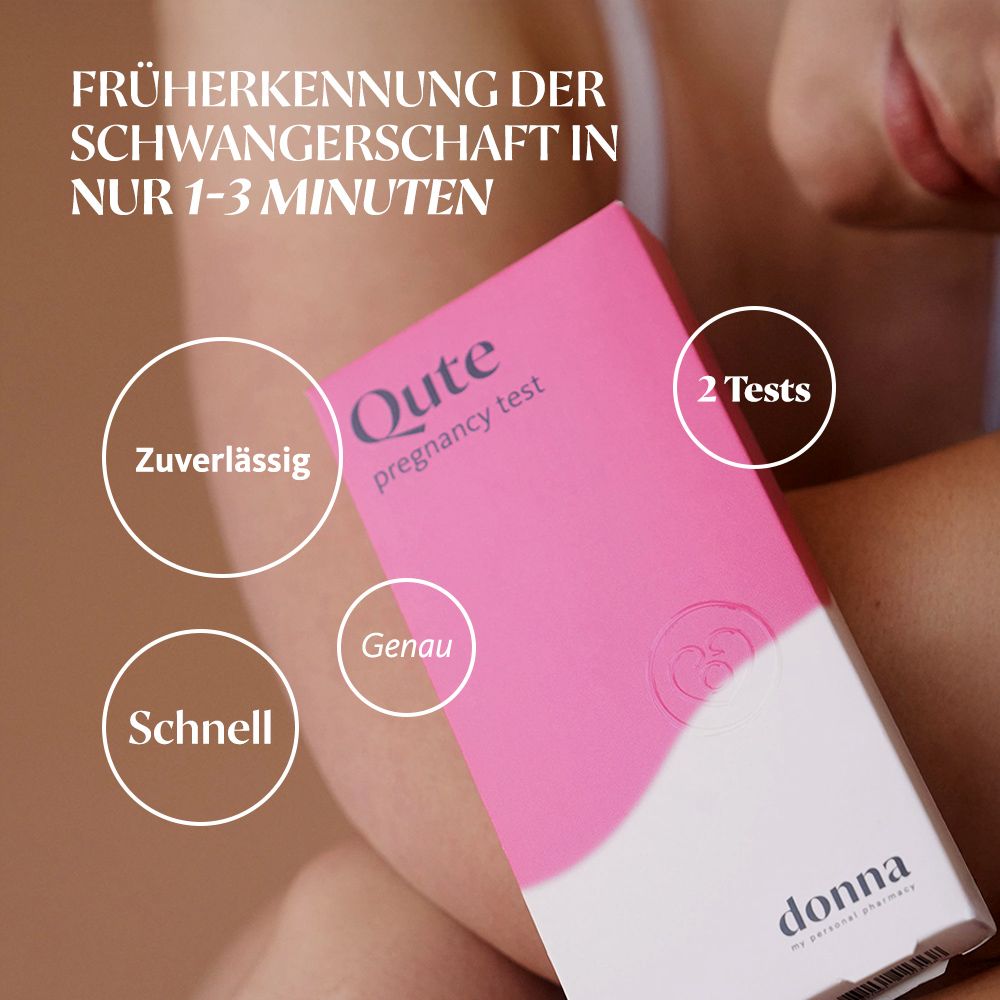 Rosa Verpackung, Aufdruck: Qute pregnancy test. Text: Schnell, genau, zuverlässig, 2 Tests. Marke: donna. Frau hält die Packung.