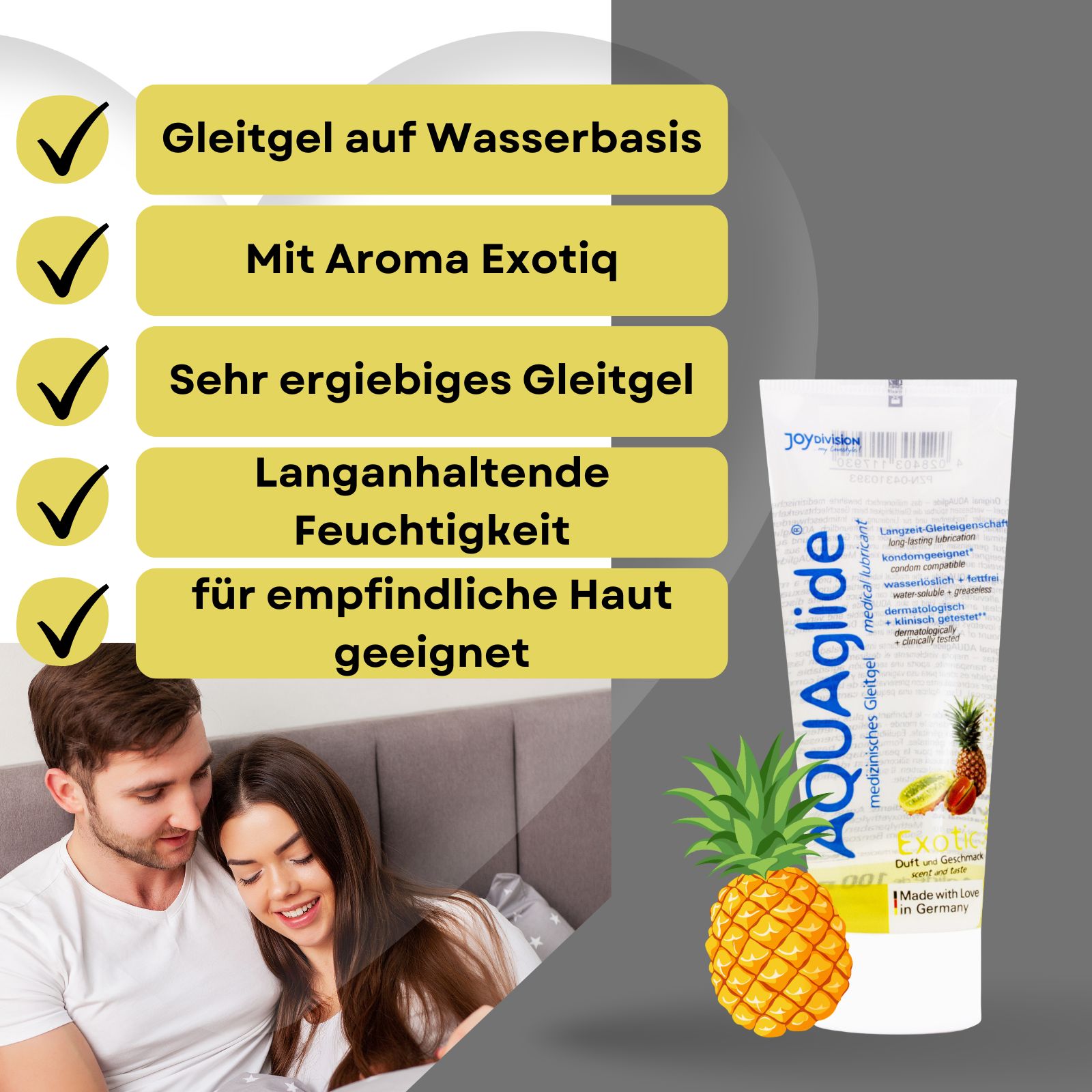 AQUAglide Gleitgel, Tube. Text: wasserlöslich, dermatologisch getestet. Paar berührt sich. Text: Gleitgel auf Wasserbasis, für empfindliche Haut geeignet.